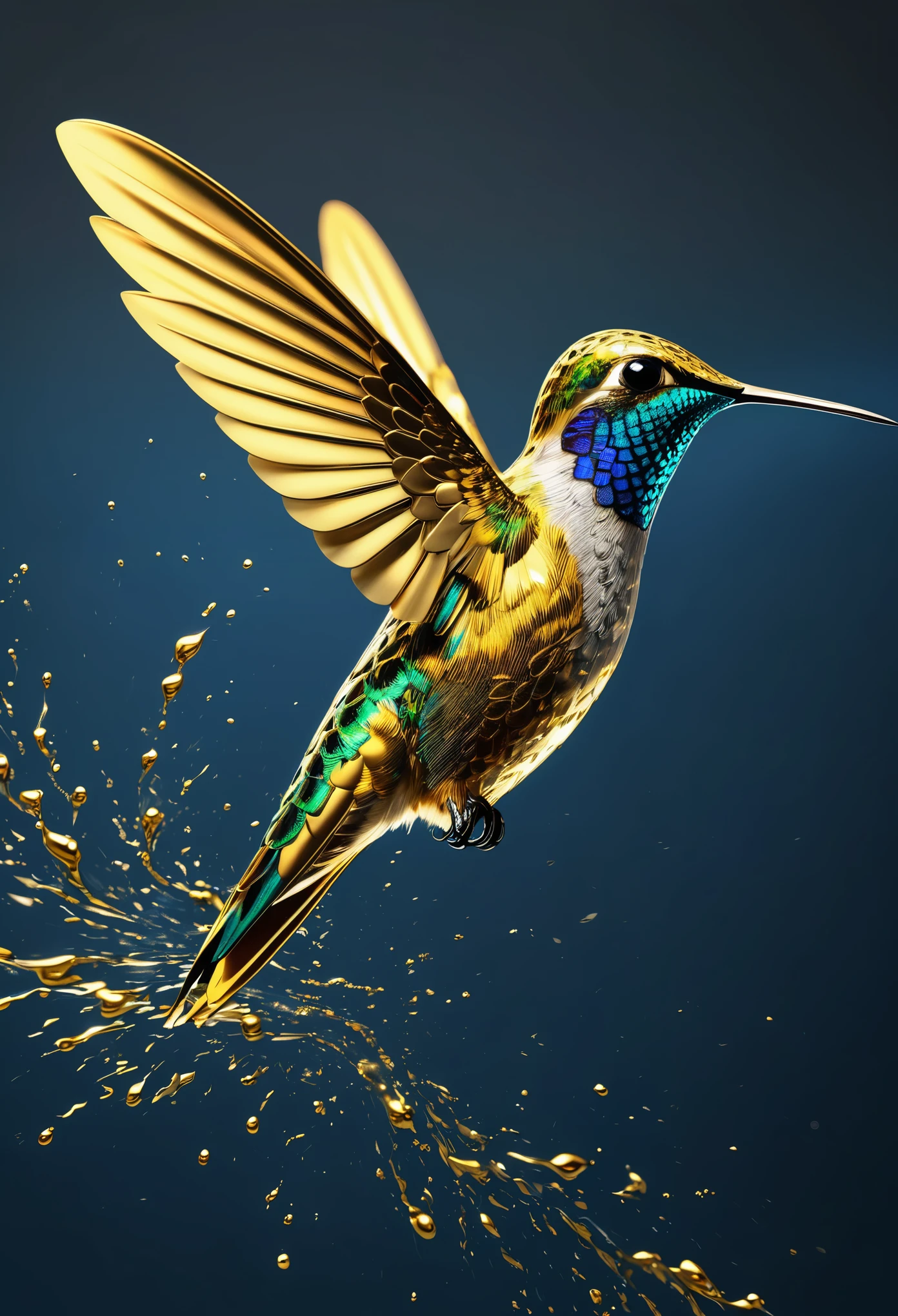 (best quality,4k,8k,highres,masterpiece:1.2),ultra-detailed,(realistic,photorealistic,photo-realistic:1.37),liquid metal technique,artwork,digital art,indication of hummingbird in flight,(silver texture,gold texture),flowing patterns,merging,reflection of sunlight,sad feeling,dark background,blues and yellows,soft lighting.