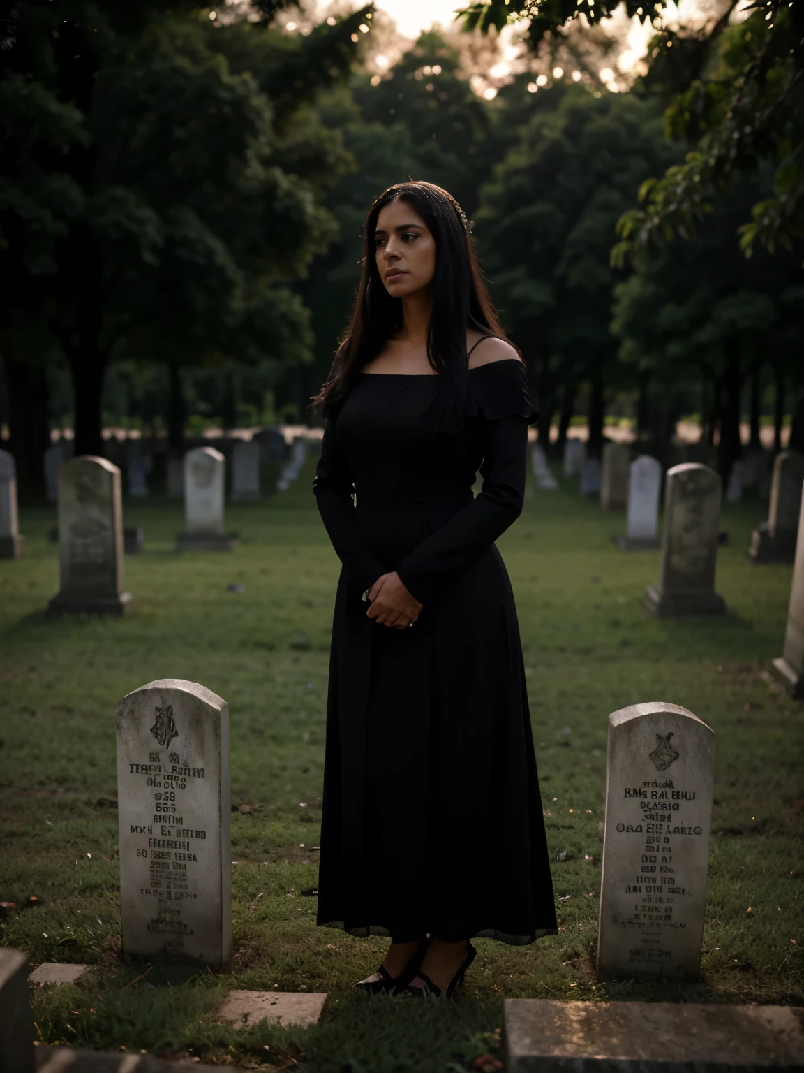 mULHER europeIA, branca,linda, vestida elegantemente de preto,aparentando 35anos, in front of the grave of the recently deceased spouse, with a sad and tearful appearance in a wooded cemetery with diffused light at dusk