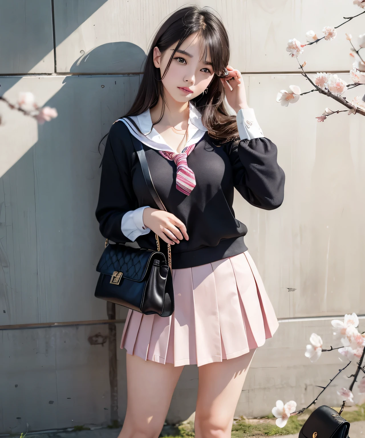 8k,(best quality), (masterpiece:1.2), (realistic:1.3), (photorealistic:1.4), ultra-detailed, day, (1girl:1.3),detailed face, black hair, floating hair, skinny, collarbone, medium breasts, narrow waist, blush, thick thighs, cute face, smile, ((school uniform, miniskirt)), full body shot, (leaning against wall:1.3), hands on head, back against wall,night, road, road sign, spring \(season\), sakura, cherry blossoms, handbag,