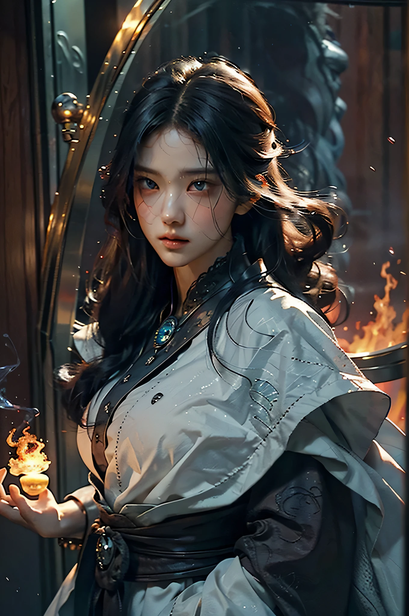 {{master piece}}, pinnacle rendering, realistic rendering, dark red rendering, metal rendering, {{color ink painting}}}, {{splash ink}}}, {{color}}, {{color}}, gorgeous rendering, best quality, illustration, flame, smoke, doomsday world, splash ink fire sea doomsday, full body, 1 girl, exquisite facial details, delicate facial features, fair face, beautiful detail eyes, deep pupils, broken city details, beautiful details long hair, Wave of Hair, Broken Detail Street, Transparent Mechanical Core, Cyborg Girl, Detail, Cool, Tight Fit, Lace Finish, Line Light Costume Finish, Light Rendering, Reflection, Highlight, Holy Light, Confidence, Glamour, Battle Stance Details Close-up, Fire Day, {Filigree}, Colored Background, A Dragon Stands Behind the Girl, Sea of Fire, {Tornado Special Effects}, Beautiful Details, (Cold Face, Confident) Great Depth, Depth of Field, 360°Panorama screen, fierce and grand battle scenes, broken mirrors, fingers all hidden and not displayed, small mouth closed