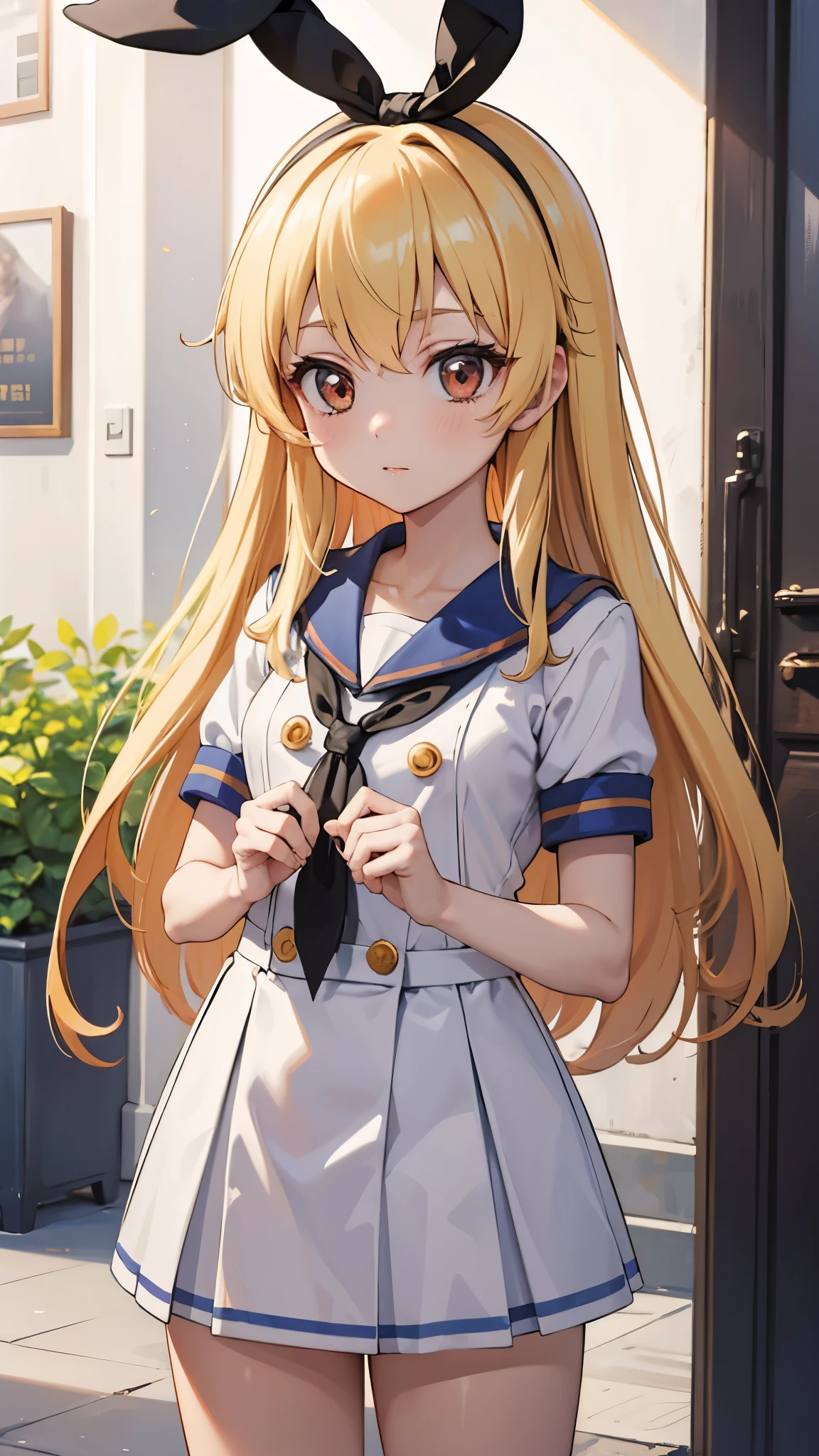 (masterpiece, best quality, highly detailed, ultra detailed, high resolution, absurdres, 4K, 8K:1.2), 
BREAK,shimakaze uniform,  GIRL,Blonde_HAIR,(RED Ribbon on HAIRband:1.2)