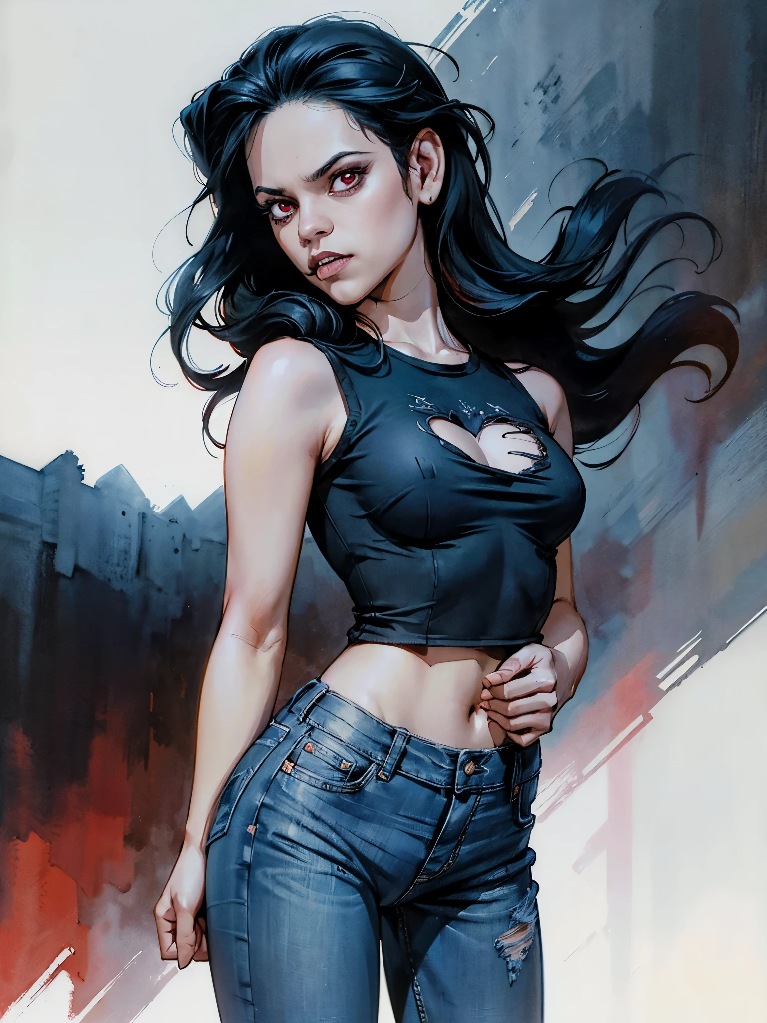 masterpiece, best quality, high resolution, draw, comic, hyper realism, jortega, alone, long hair, black hair, slim and athletic body, small breasts, vampire, ((red eyes)), fangs, ((wearing blue jeans and black shirt)), very soft light, black night, concept art, horror, dark, very dark, art by Yoji Shinkawa, ink and watercolor, ((concept-art)), ((white background))