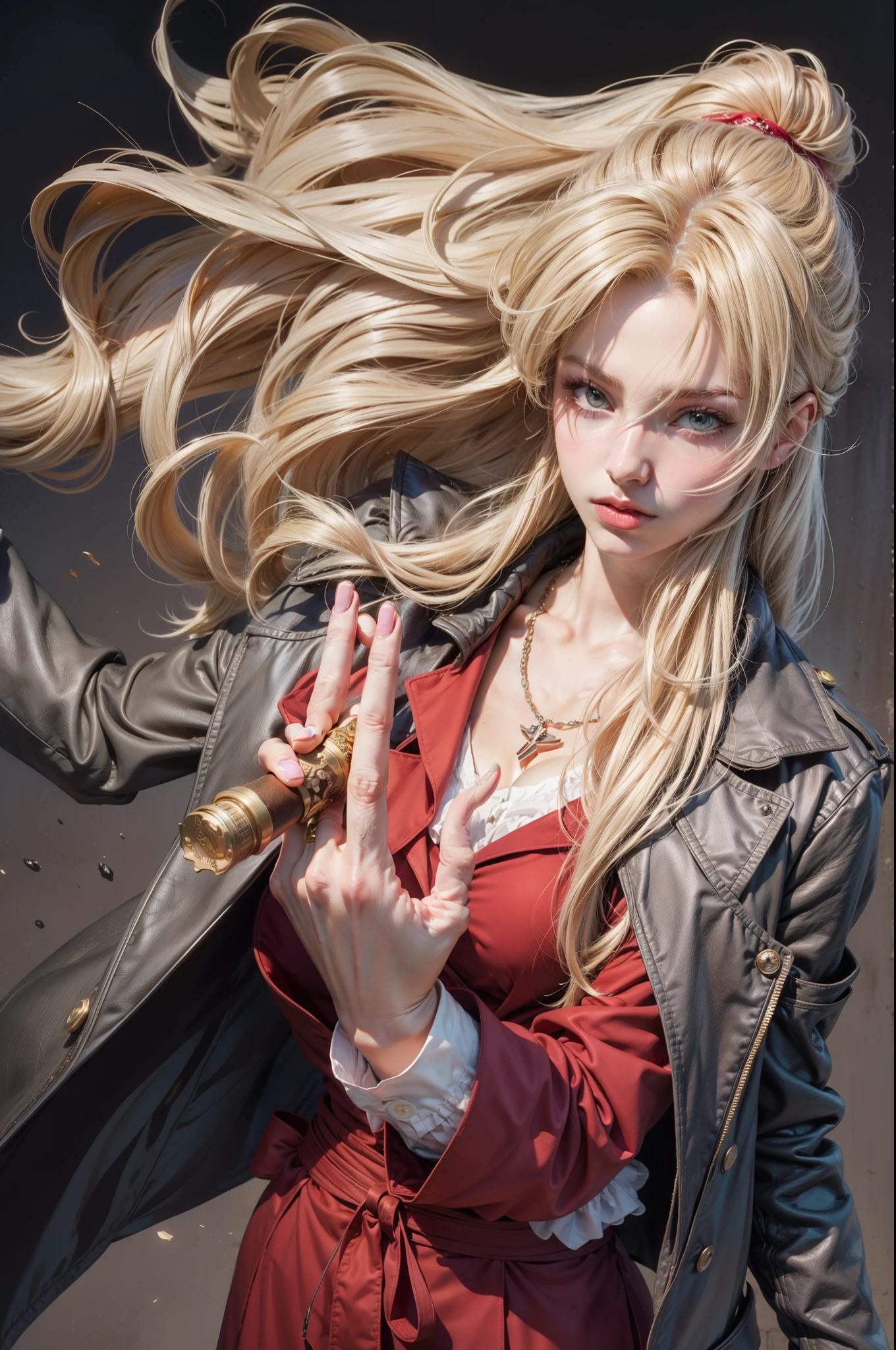anime - style image of a blonde woman with long hair and a red dress, alucard, johan liebert mixed with alucard, gyro zeppeli, zerochan art, marin kitagawa fanart, anime character, joseph joestar, with cigar, trigger anime artstyle, high quality fanart, zerochan, with index finger, anime style character, with long blond hair