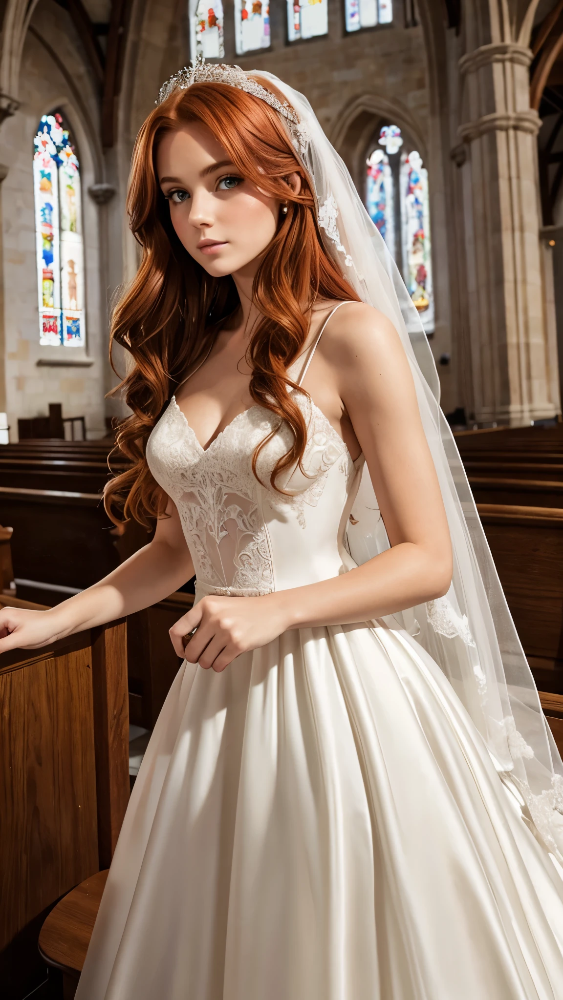 Beautiful redhead girl with brown eyes and long hair wearing a wedding dress in a church