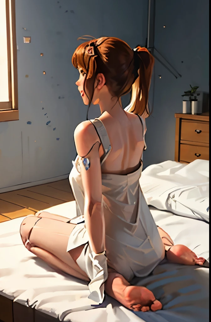 A Female robot wears white plain dress. She is laughing happily in bed room, spread legs, nude, banzai pose,  Brown short hair is tied with two big red clothespins, She lifts up the under hem of her white plain dress, leaning over, masterpiece, very short pigtails,brown hair, mature, android, blue eyes, full body figure, Height: 160cm, flushed cheeks, 2020s anime picture, she is loved in missionary angle, A beautiful robot with short brown hair in two short pigtails held up by two very large huge red clothespins, Uplifting, No NSFW, whole body, barefoot, archaic smile, getting orgasm, 25 years old, sweat bucket,  She is half sitting posture or crouching position.