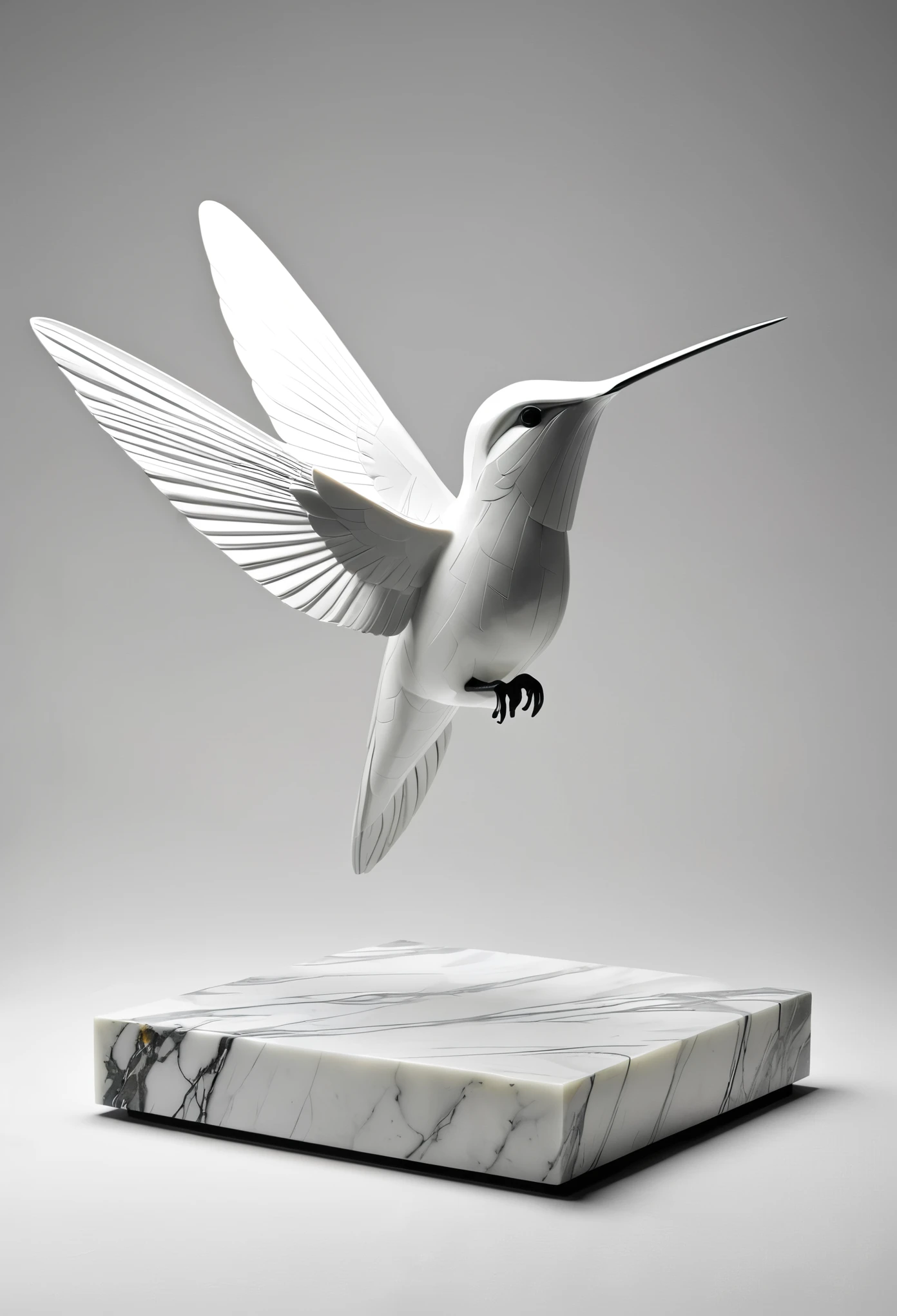 Design a sculpture for the square，Inspired by hummingbirds，Use marble，Show flying attitude