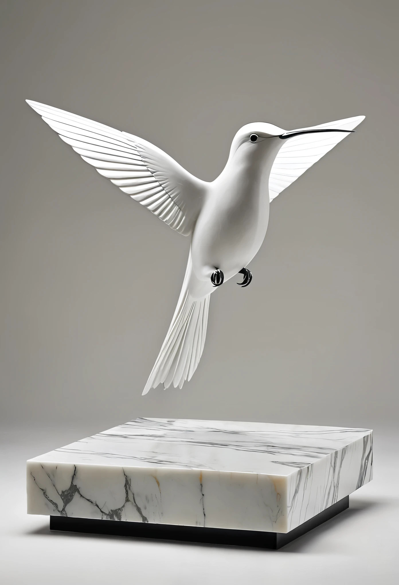Design a sculpture for the square,Inspired by hummingbirds,Use marble,Show flying attitude