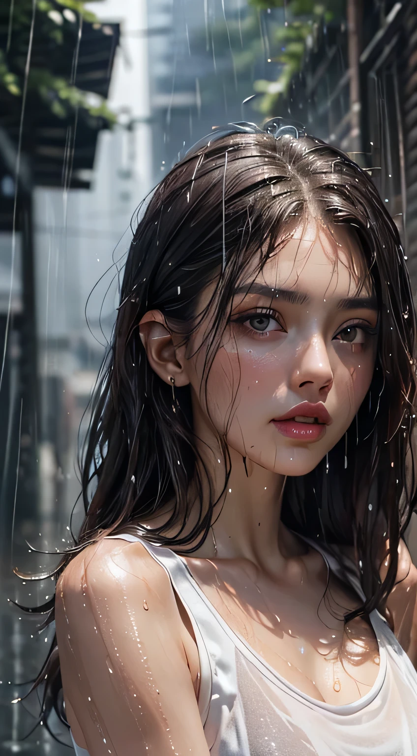 (Best Quality, 4K, 1girl in, Sexy :1.1, dark brown hair: 1.1, (rainy wet, Wet from rain, Wet body :1.2), white tank tops, Ultra-detailed face, Detailed lips, Detailed eyes, double eyelid