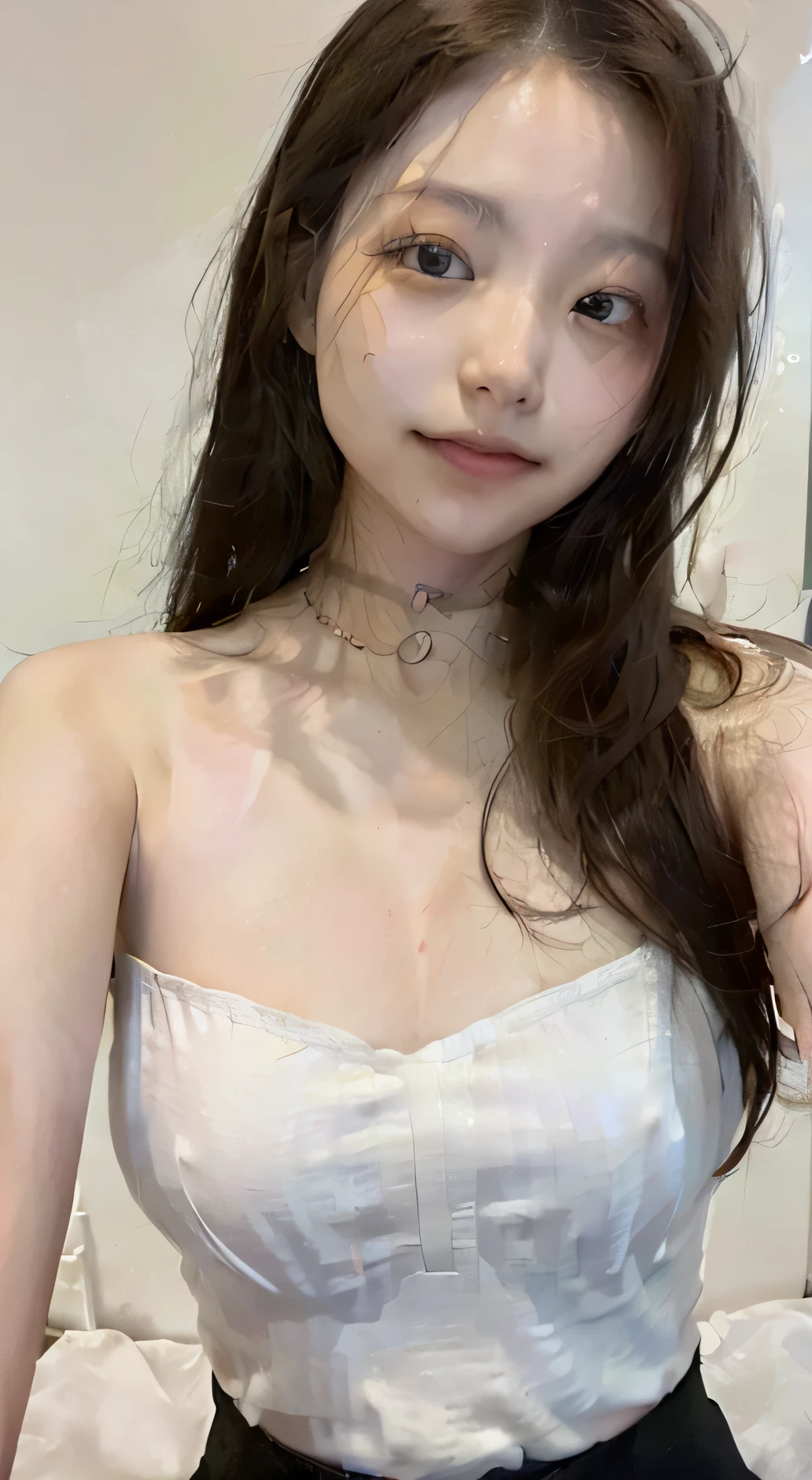 ((the night, Realistic light, best qualtiy, 8K, tmasterpiece:1.3)), 1girll, Beautiful woman with a slim figure:1.4, Abs:1.1, (A brown-haired, mideum breasts:1.3), Long button-down shirt:1.1,a black pleated skirt, bathroom,Ultra-fine face，Elaborate Eyes，double eyelid，ssmile，choker necklace