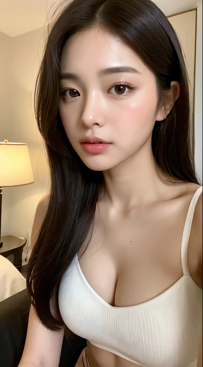 ((realistic lighting, best quality, 8k, master piece:1.3)), sharp focus:1.2, 1 girl, Beautiful Burmese woman with perfect figure:1.4, slim abs:1.1, ((dark brown hair)), (white crop top:1.4),(exterior,in the middle of the night:1.1),Sit on a bed in the room,Extra-fine face,fine eyes,double eyelid,The whole delicate breast leaks