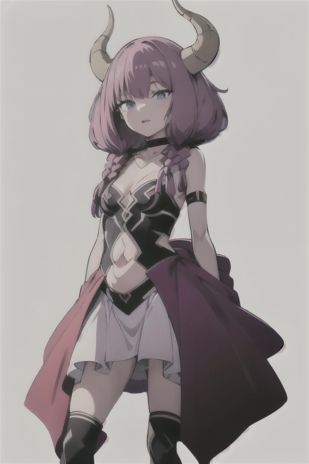 very delicate and beautiful girl,8k wallpaper,masterpiece,danntoudainoaura,white background,1 girl,alone,devil's horns,devil girl,belly button,long hair,medium breasts,original costume,elbow bag,cleavage,dress,Thighhighs,belly button cutout,boots,choker,bare shoulders,Are standing,looking at the viewer、Photo from below、cross your legs