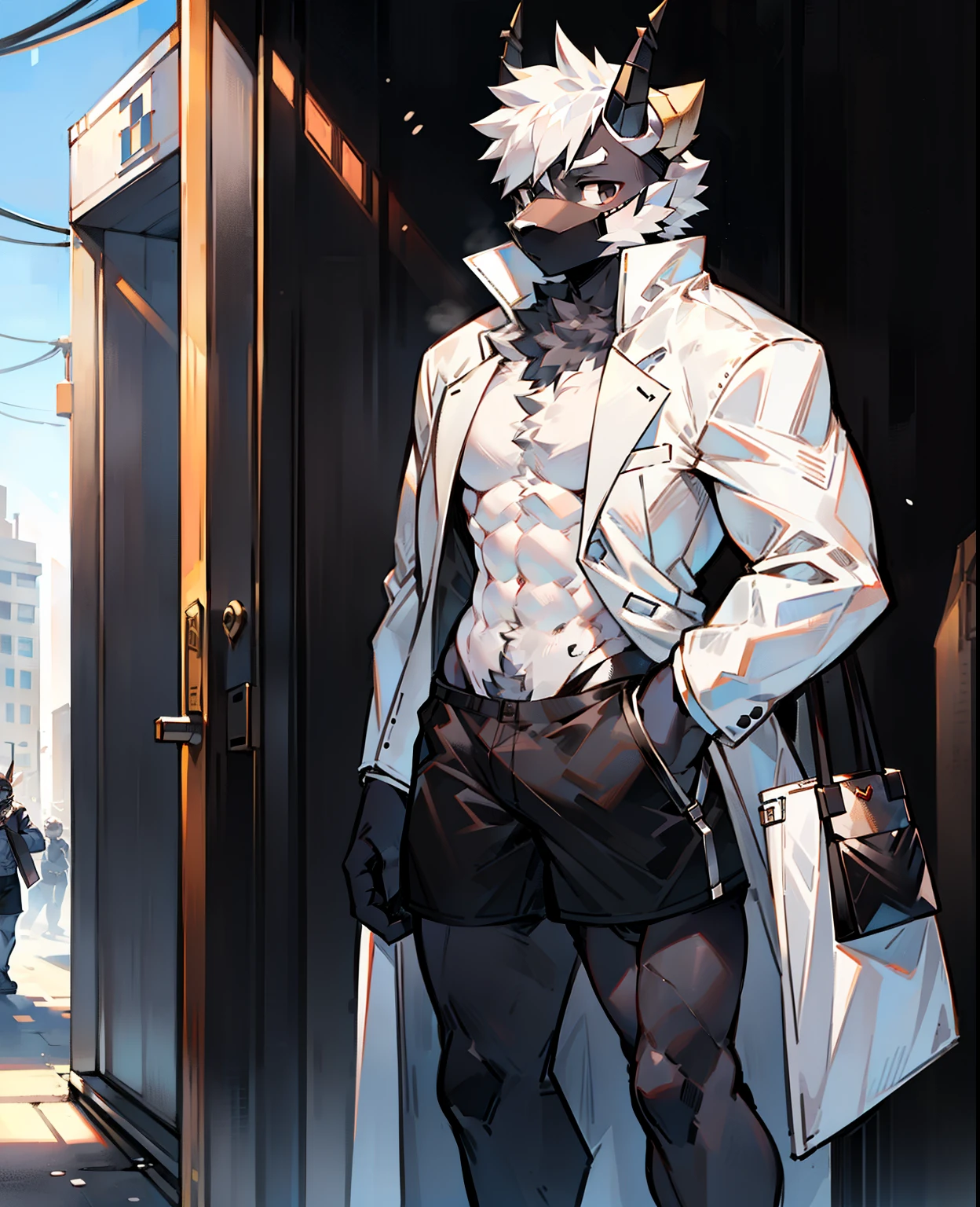 goat,black eye mask,black shorts,Gray vest,white coat,ager,Thin muscle,Single standing,Showing thighs,Facial flushing,Bring a handbag,toned body,perfect quality,single,Unique role