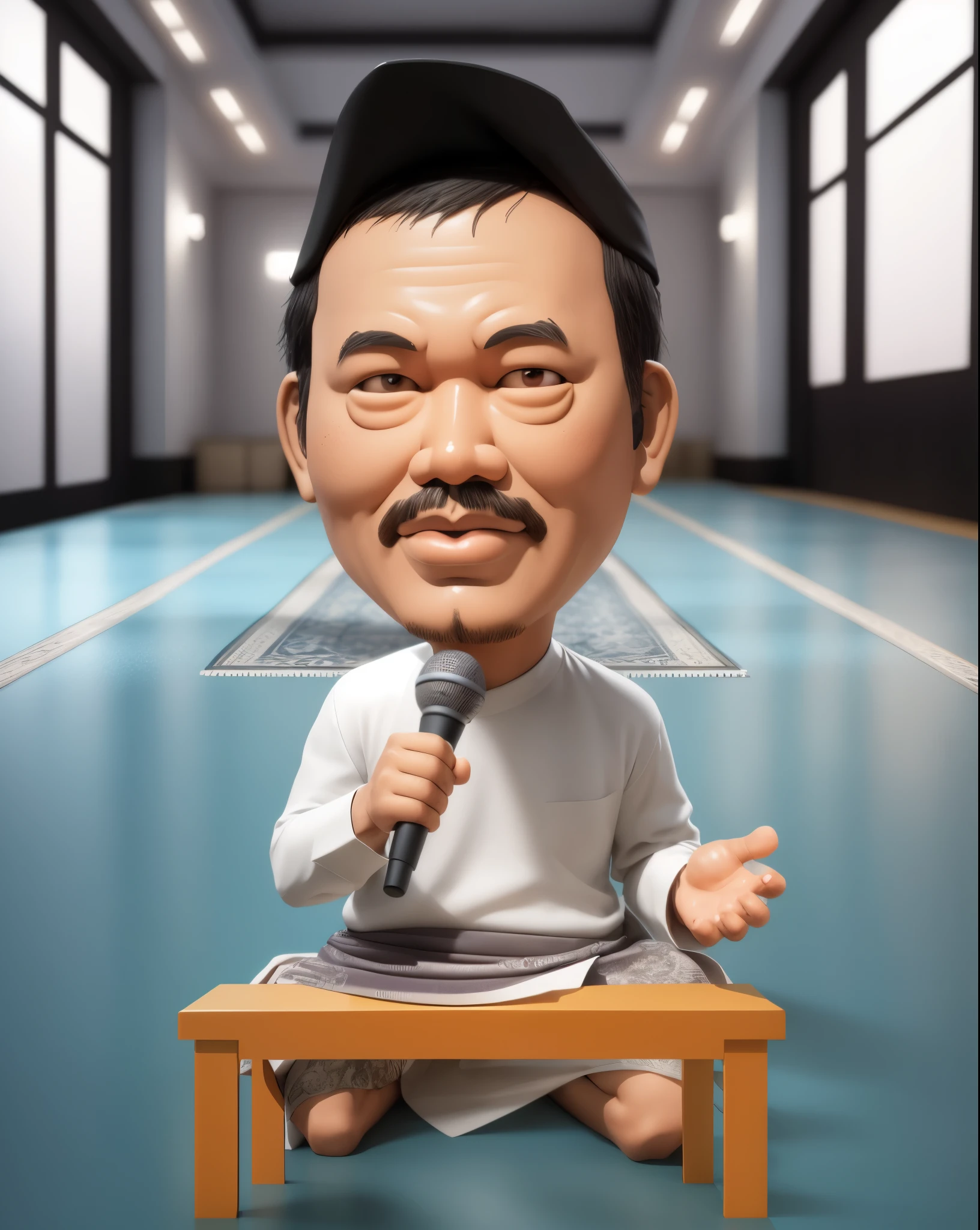 cartoon of a man sitting on a table with a microphone, wearing a white shirt and sarong, black kopyah, giving a lecture inside a mosque, Indonesian Muslim, caricature illustration, caricature style, cartoon portrait, inspired by Basuki Abdullah, caricature, caricature!!!, profile picture 1024px, inspired by Ding Guanpeng, in cartoon style, 3d portrait, realistic image, full ultra HD detail 