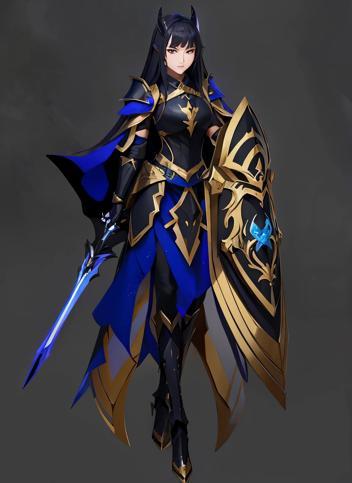 female paladin, black and gold armor, long hair, dragon girl, horns, scales, teal eyes 