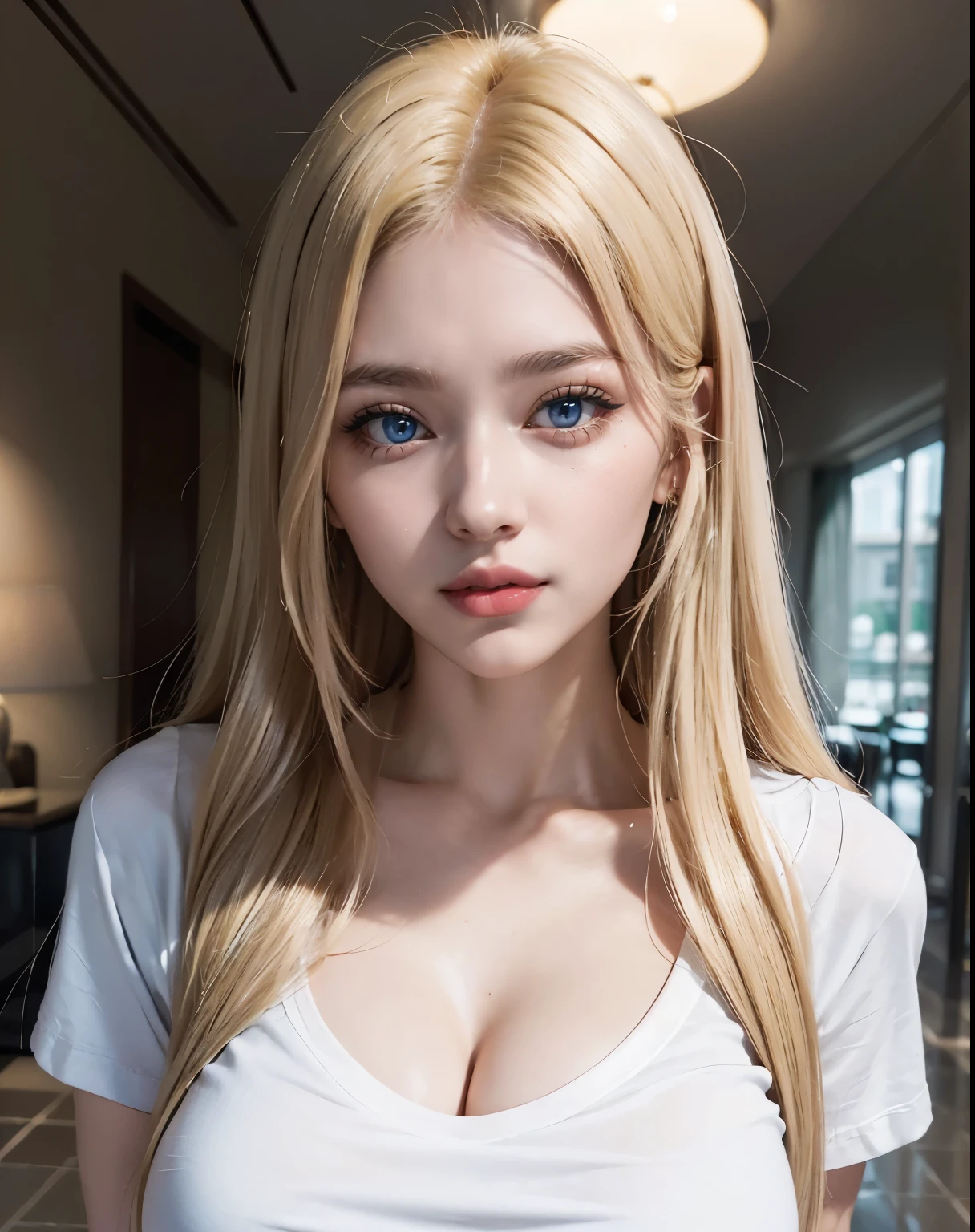 1girl, (Blue Eyes), (smiling), (beautiful makeup :1.2), shiny skin :1.2, Medium Close Up, MCU, (Sana Minatozaki), wide hips, big tits, big ass, (Best Quality, 8k, Masterpiece: 1.3), Clear Focus: 1.2, Perfect Body Beauty: 1.4, Highly detailed face and skin texture, detailed eyes, double eyelids, red lips, (blond long hair :1.2), (cleavage white long t-shirt :1.3), standing, sexy pose, in the hallways of a hotel