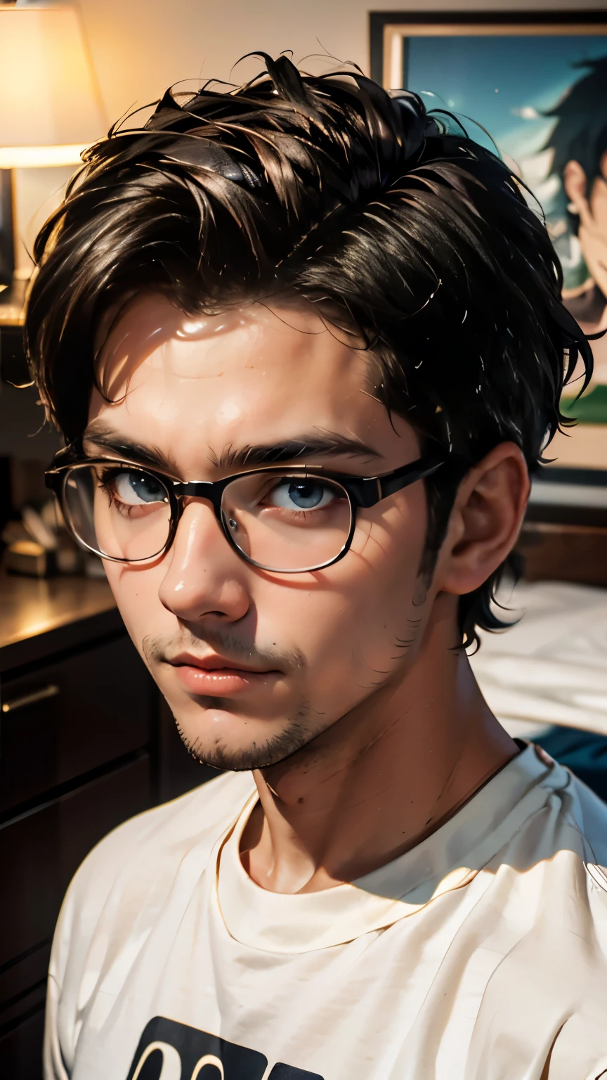 ((HD photo)), masterpiece, best quality, Hyper realistic, hires:1.4, 8k, portrait, headshot, man / Damon alarm/ 30 years old, looking at camera, standing, skinny, underweight, short curly hair, acne, nerd glasses, band t shirt, greasy, dark bedroom, poorly lit, incel, anime nerd, neckbeard, geek, dork, pathetic , 