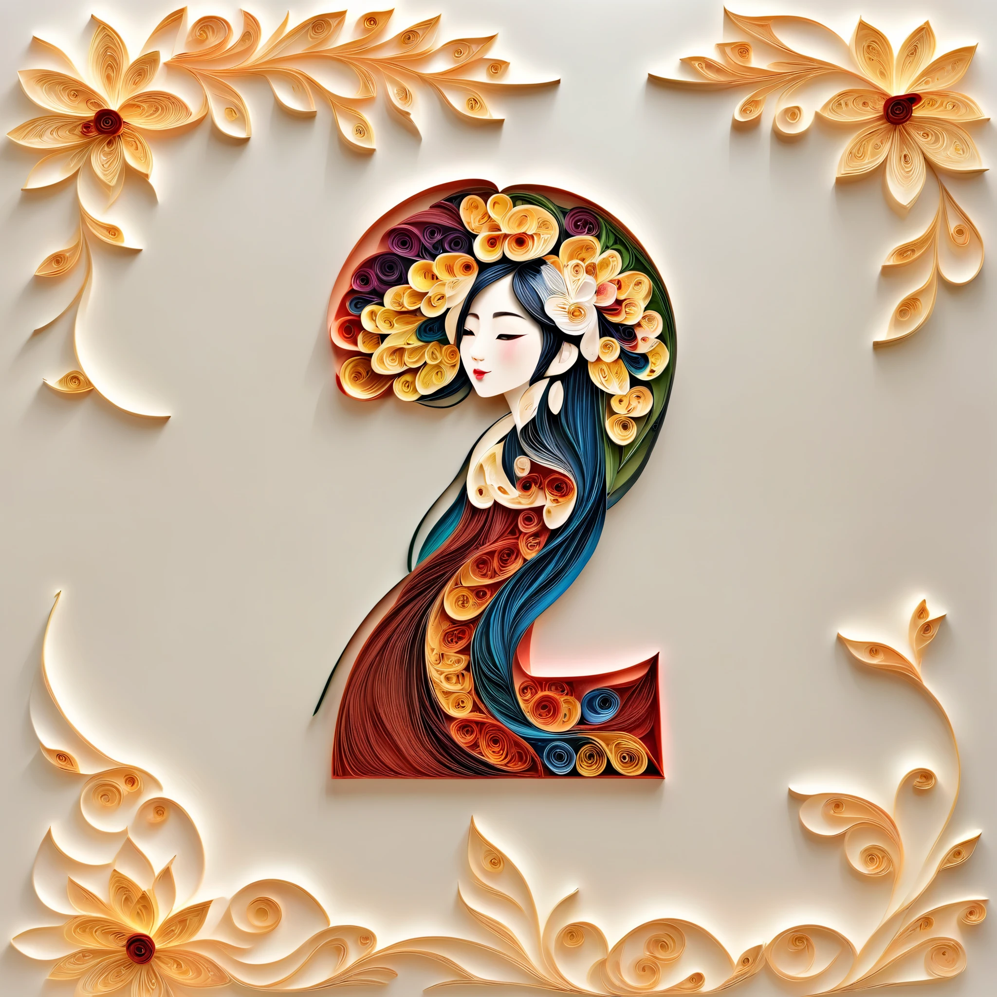 White background,(paper art,paper quilling),Beautiful girl ,Spring,(Oriental elements, Chinese color)