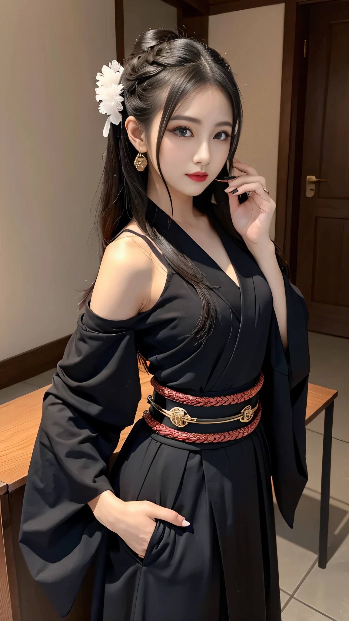 detailed、Japanese、charming beauty、seductive adult woman、Beautiful woman、sharp eyes、cool girl、wavy hair、shrine maiden costume、wide sleeve、black skirt、evilの幹部、evil depravity、brainwashing、Mind control、apply lipstick、grin、evilな表情、evil、empty eyes、evil、Temple of the Night、Contrasting、vampire、vampire、Hypnosis、brainwashinging、makeup brush