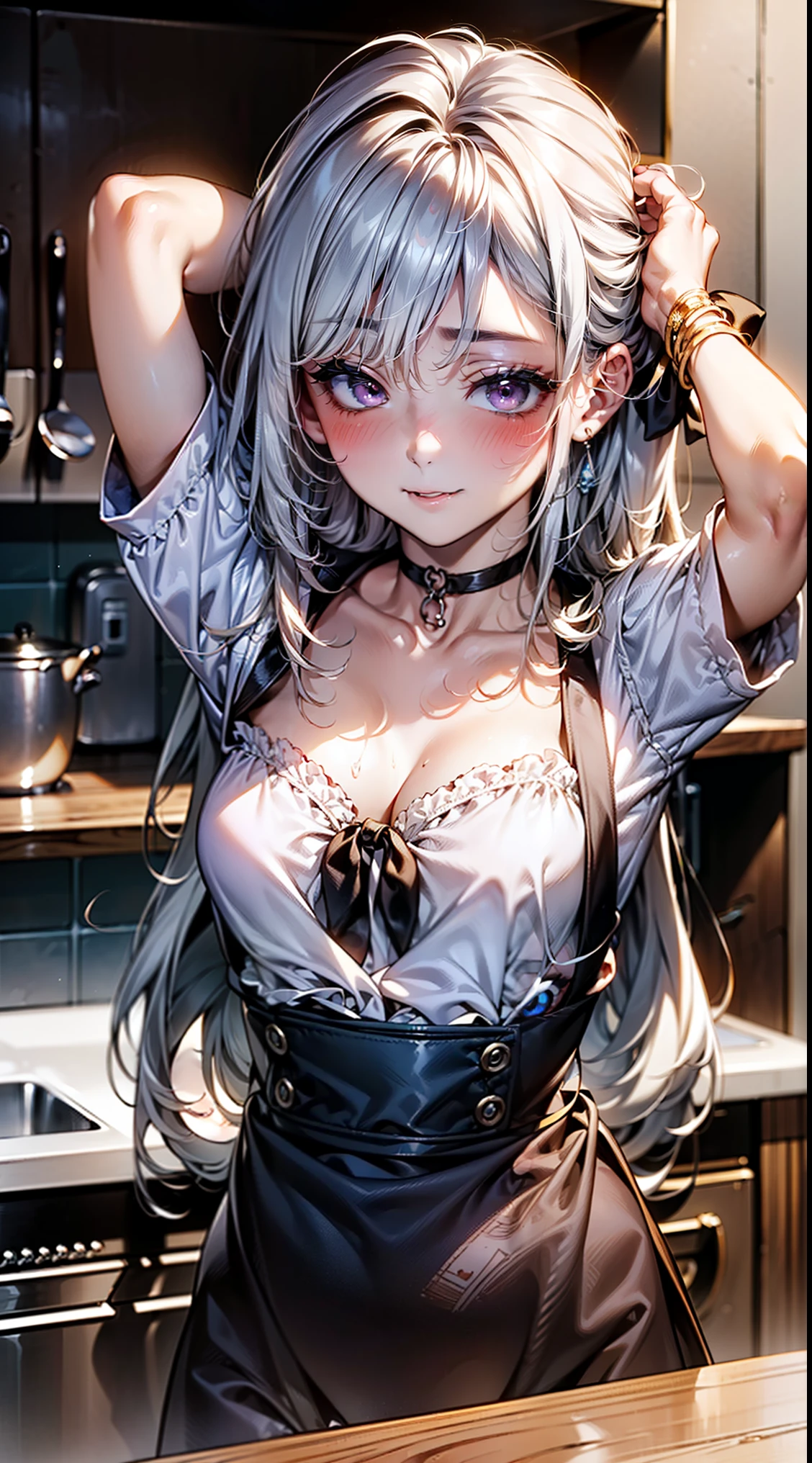 ((long hair, silver hair:1.8, while tying my hair:1.6)), (shining purple eyes)beautiful, beautiful woman, perfect anatomy, perfect body, perfect breasts, ((ruffle apron:1.95, choker)), (kitchen:1.6), (kitchenに手をついたバックStyle:1.65), ((Look at the viewer while blushing:1.6)), slight smile, realism, masterpiece, rough skin , Super detailed, high detail, high quality, 最high quality, 1080p, 16k
