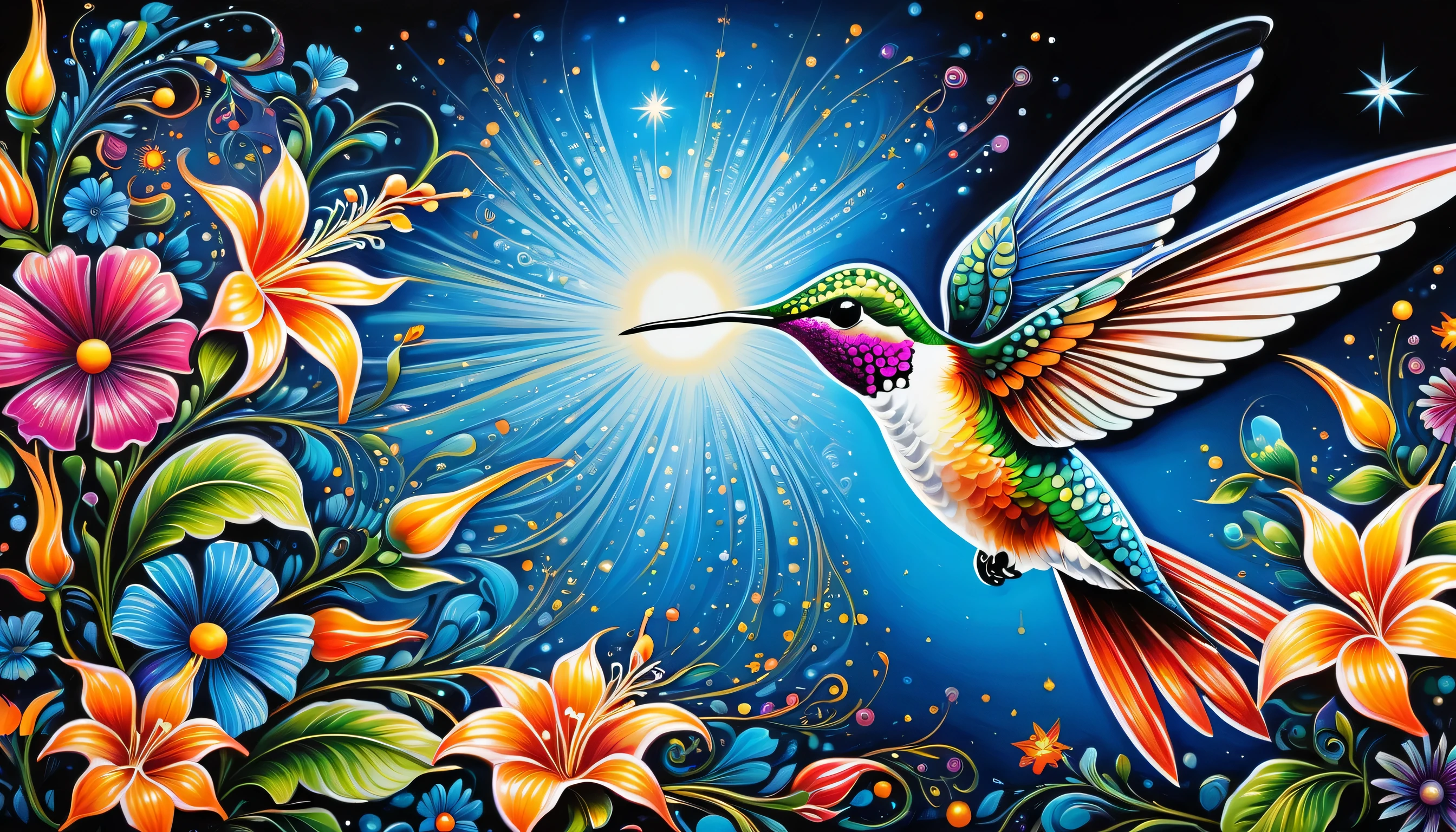 elaborate hummingbird illustration, extreme fine detail brush work, intricate detail psychedelic graffiti like, solo hummingbird is seasoned and fearless, slender stunning fine detailed bold, falling star with flower garden, highest quality, best quality, distinctly contrast, conscientious of draw and painting, beautiful detail glow, 16k, precision like draw, minuteness painting, wide shot, night fantasy style, captured, breathtaking glow skill and precision contrast, highly quality oil painting, stunning beautiful touch rendering,