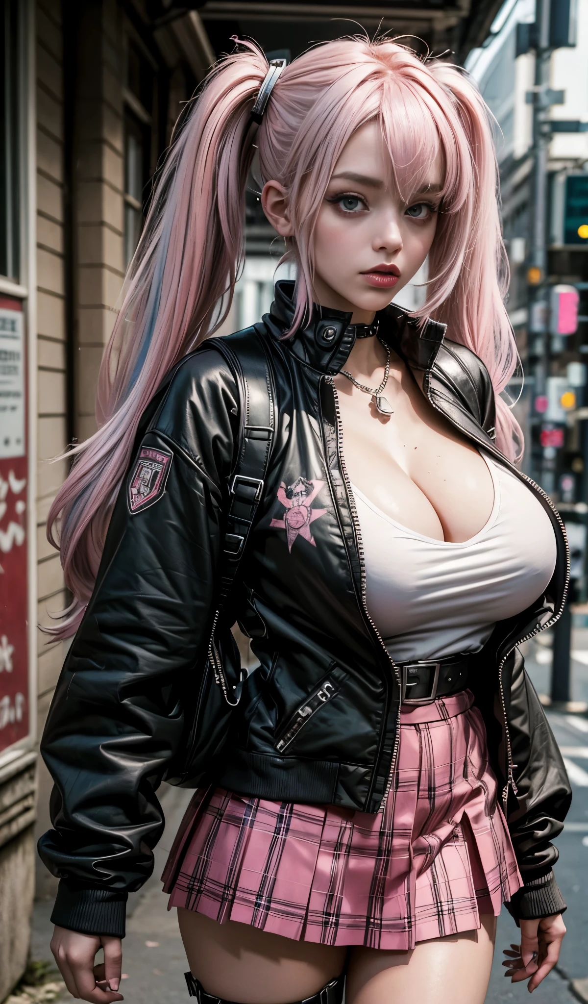 (((of the highest quality: 1.4))),(unparalleled masterpiece ever), (Ultra high definition),(Ultra-realistic 8K CG), offcial art、 (((adult body, accentuated super huge enormously gigantic tits, cleavage showing))), (((1girl in))), ((( very long hair in pigtails ))), Punk girl with a perfect body, school girl uniform school girl skirt and backpack with lots of straps buckles and zippers,Beautiful and well-groomed face,Fancy makeup,Detailed punk fashion,school girl uniform and school girl skirt, (Image from head to thigh),((Platinum pink hair )), Harajuku-inspired hooded jacket, Simon Bisley's urban savage style,Detailed street background of school classroom,Clean abs, Complex graphics, dark pink with white stars and gray and white stripeany poisonous tattoos )), piercings,