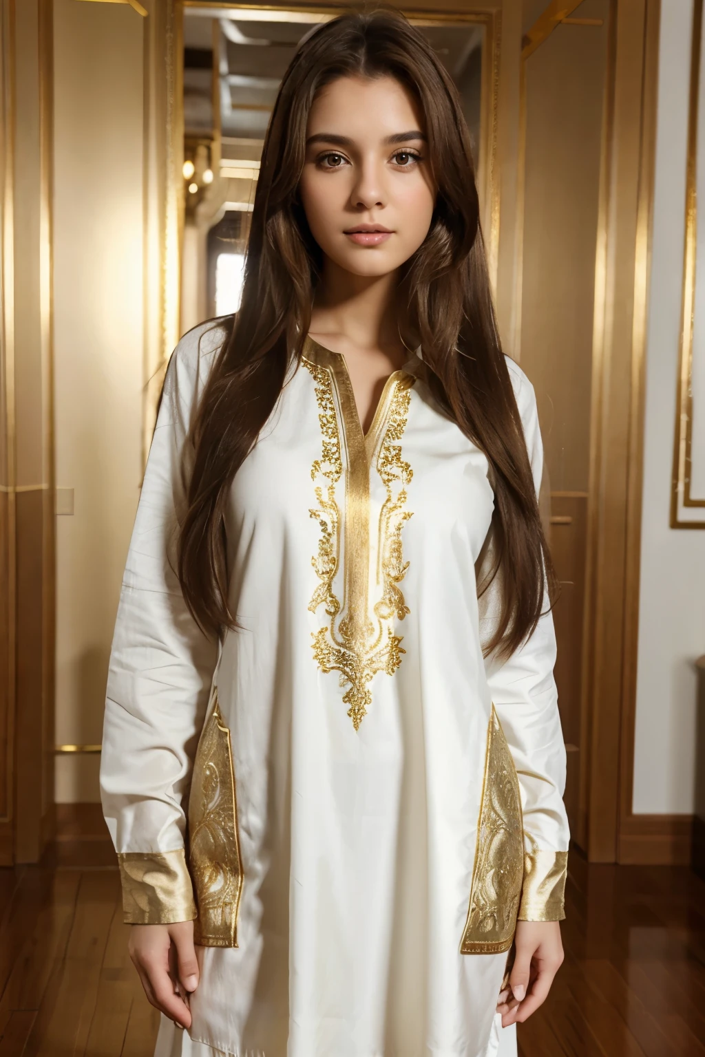 1 woman, 20 years old, long brown hair, brown eyes, full body, wearing a white tunic, with gold embroidery, 4K image quality
