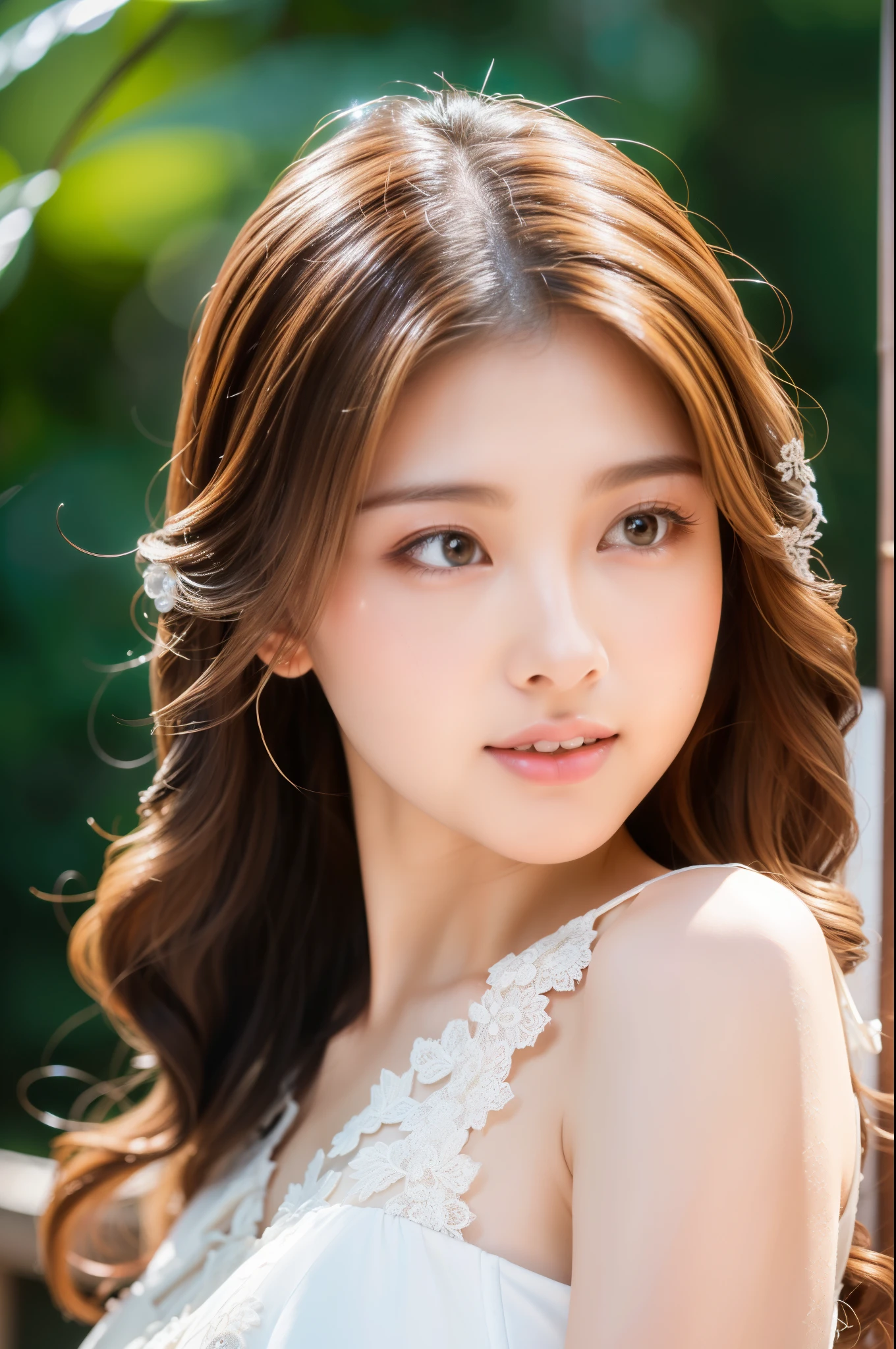 (highest quality、High resolution、masterpiece:1.3)、young japanese woman、Slender figure beauty、loose wavy brown hair、(white and white skin)、small face、Bust Size B、Blonde long hair with highlights、No makeup、Precisely expresses details such as face and skin texture、eyes with fine pupils、double eyelid、lace dress