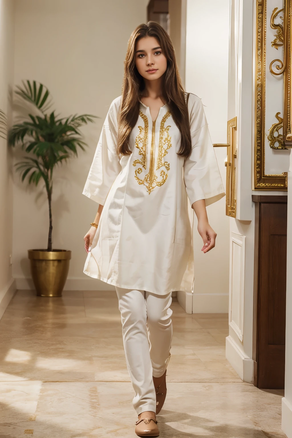 1 woman, 20 years old, long brown hair, brown eyes, full body, wearing a white tunic, with gold embroidery, 4K image quality