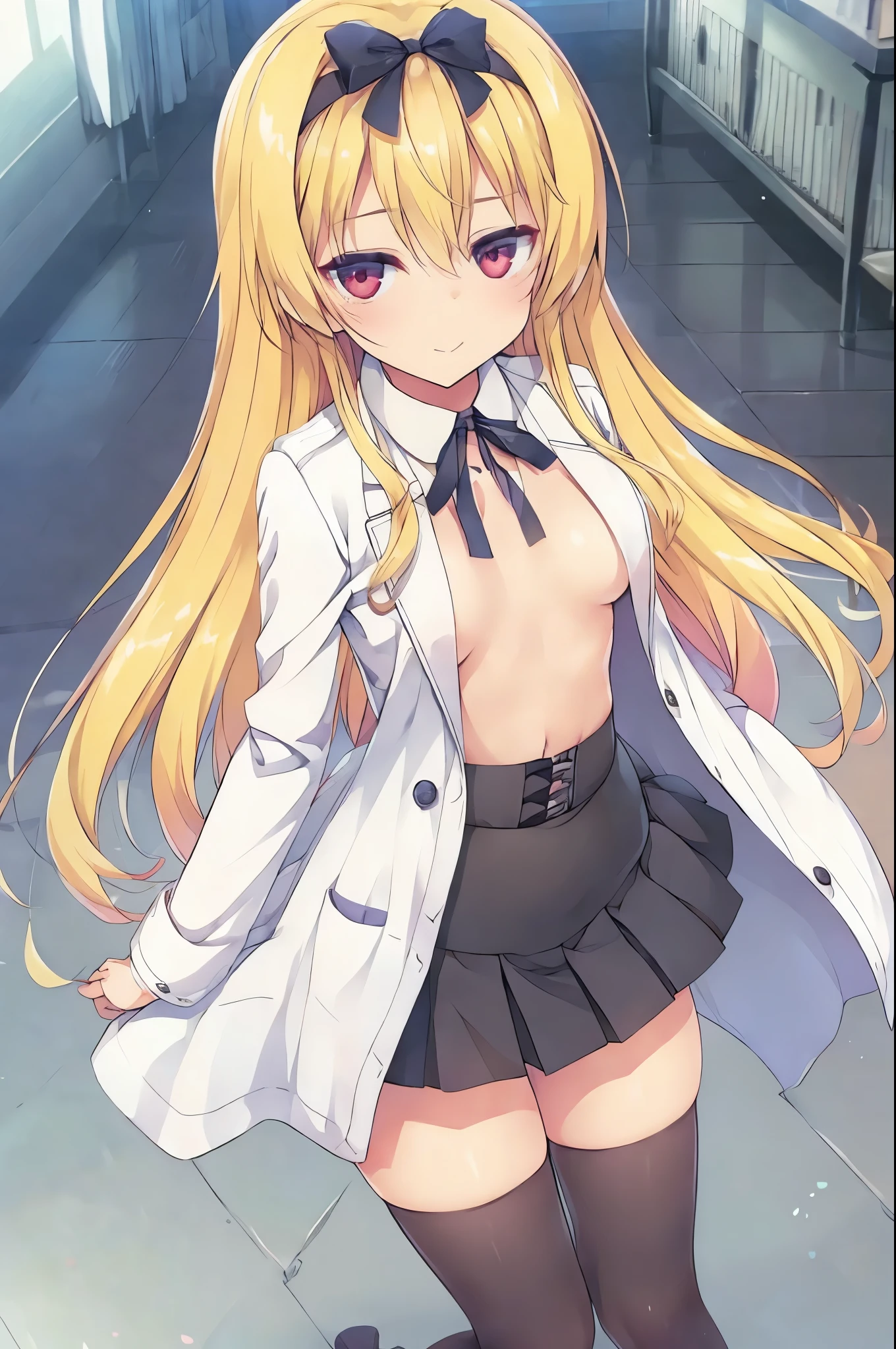 nsfw,bare chest,yue, very long hair, hairband, hair bow,brooch, labcoat, ribbon, white shirt, black skirt, black thighhighs