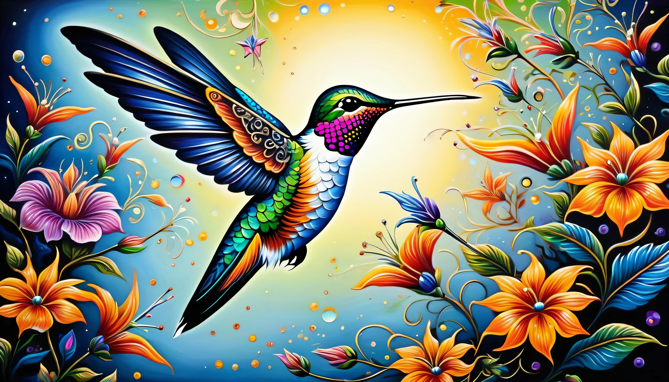 elaborate hummingbird illustration, extreme fine detail brush work, intricate detail psychedelic graffiti like, solo hummingbird is seasoned and fearless, slender stunning fine detailed bold, falling star with flower garden, highest quality, best quality, distinctly contrast, conscientious of draw and painting, beautiful detail glow, 16k, precision like draw, minuteness painting, wide shot, night fantasy style, captured, breathtaking glow skill and precision contrast, highly quality oil painting, stunning beautiful touch rendering,