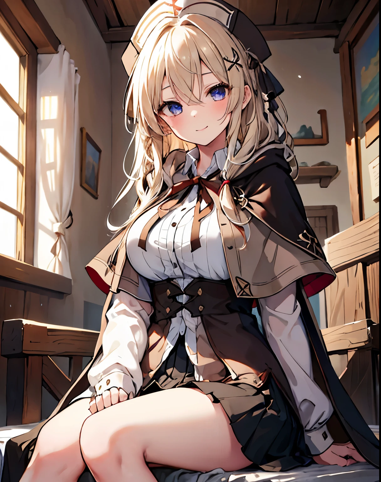 masterpiece,1girl, sparrow, a blonde haired girl, wearing a medieval villager clothes, curly long hair, messy hair, black skirt, slim body, wearing hair ribbon, wearing brown capelet with hoody, huge breasts, she close her left eye, shirt ornament, lolippai, seductive expression, beautiful breasts, rounded breasts, crimson eyes, dress, miniskirt, sit in medieval bed, ahoge, seductive smile, breast armor, braid hair, invite to sit together, nurse cap, brown vest