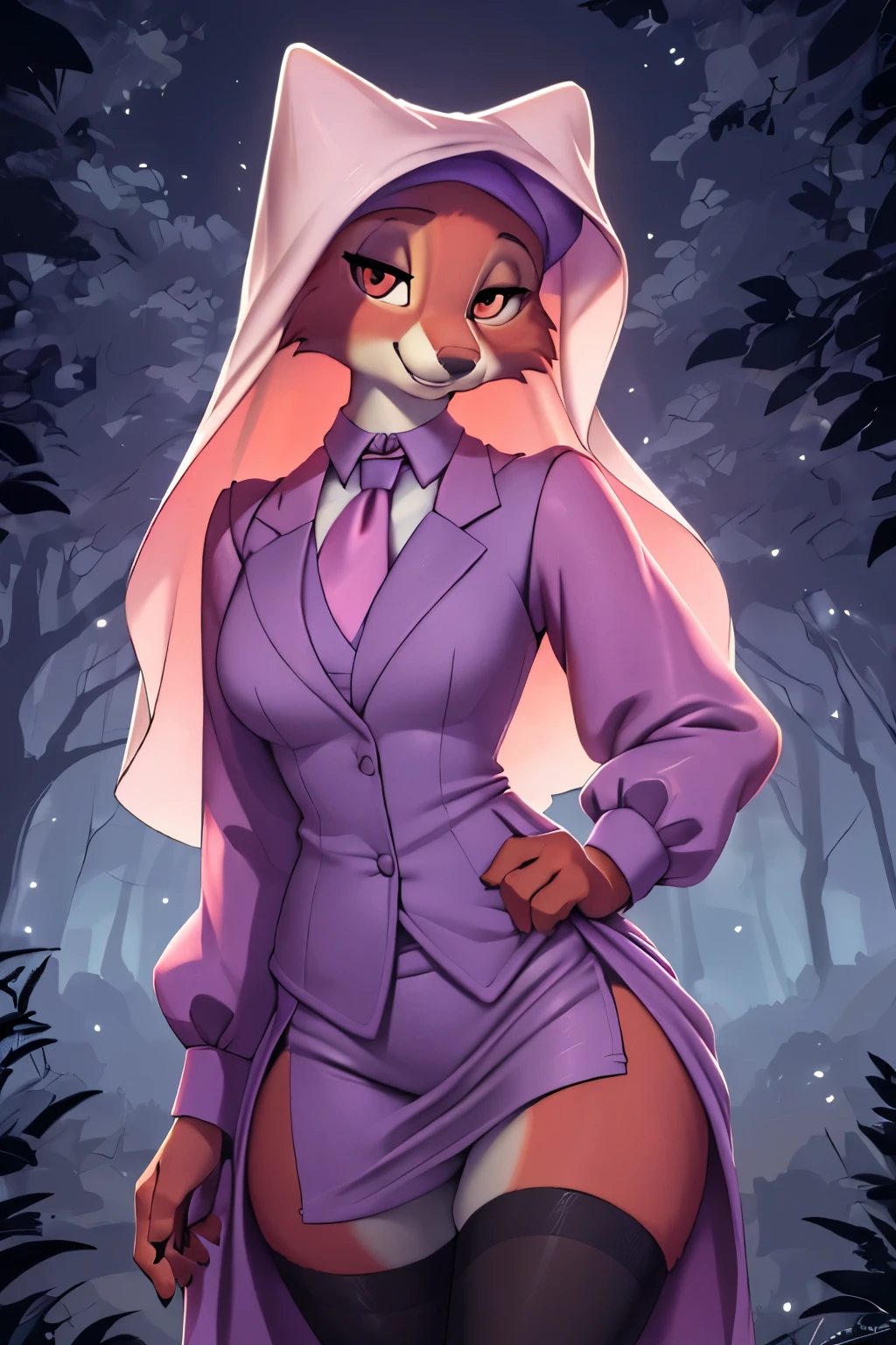 best quality, furry, anthro, animal nose,  maidmarian, smile, orange eyes, fox, waving, skirt suit, (((three-piece suit))), necktie, blazer, suit jacket, waistcoat, bodycon skirt, showing off, showing leg, ((((holding lapel)))), detailed hand, exterior, retrato con gran apertura, cool tones, fuerte impacto visual, espacio en blanco, contraste de luces y sombras, Super texture, resplandor del atardecer, Super clear image, imagen sencilla