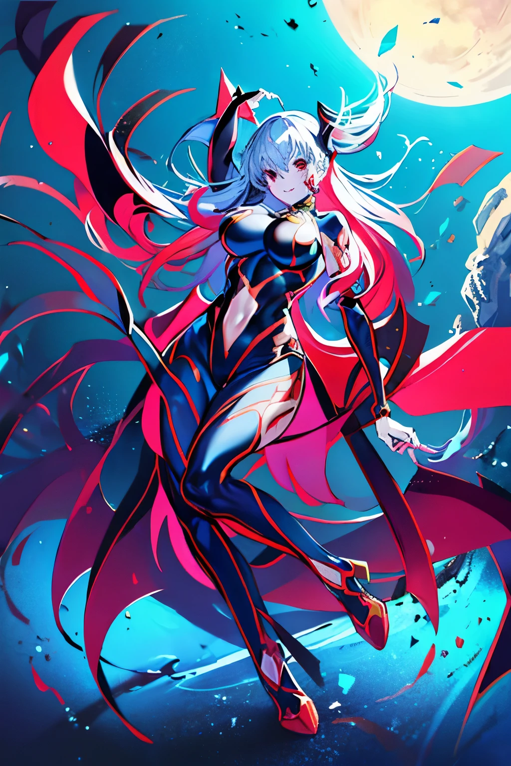 Draw the face carefully　 girl　Anime style high quality face　blonde　shiny black full body suit　black high heels　There are red lines all over the body　attraction　laughter　Morrigan Aensland