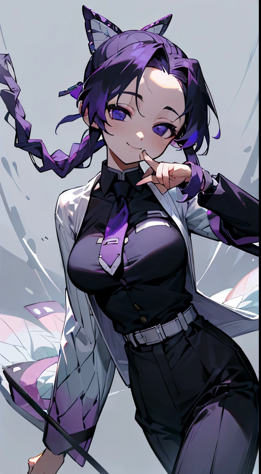 ((masterpiece)), (best quality), beautiful, extremely detailed face, perfect lighting,ultra-detailed,((expressionless)),((cold attitude)),((tsurime)),((tareme)),breastature female)),((long hair, smile, bangig breasts:1.2), braid, purple hair, braided ponytail, ringed eyes, shirt, long sleeves, white shirt, necktie, collared shirt, pants, black pants, formal, suit, black necktie, shirt tucked in, office lady