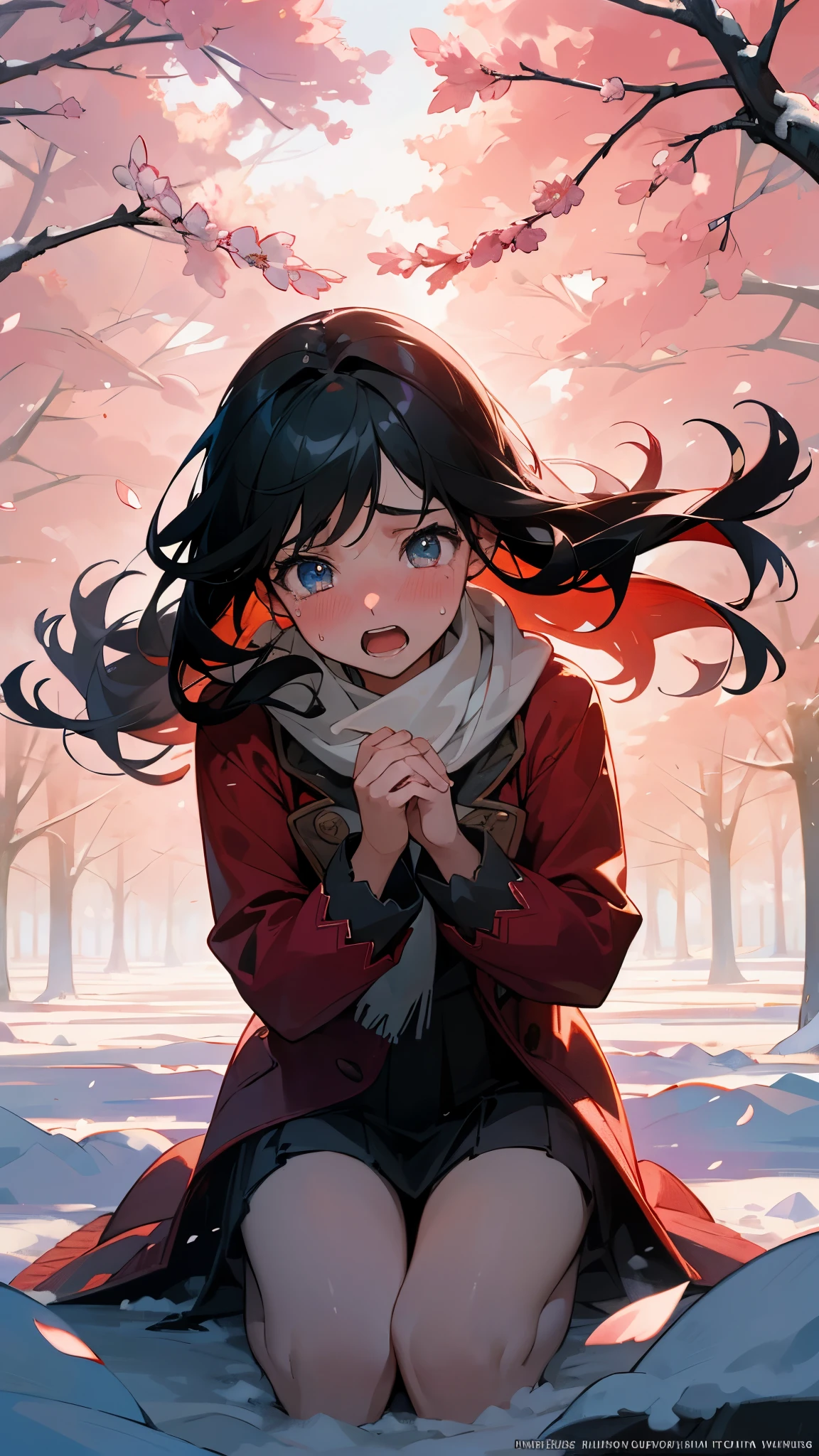 cinematic digital artwork of a girl crying on the snow, blushing, cute girl, high angle, detailed face, emotional, tears, semi-realistic,beautiful hair, can see individual strands of hair, hair in the wind, kneeling, cold background, wind, sakuras trees, morning, petals in the air, wearing a scarf, a tragic scene, romantic, cinematic, gorgeous lighting, rays of light, shimmering eyes,(tears, vivid eyes), (shouting, open mouth, hands on the chest:1), deep black hair, red clothes