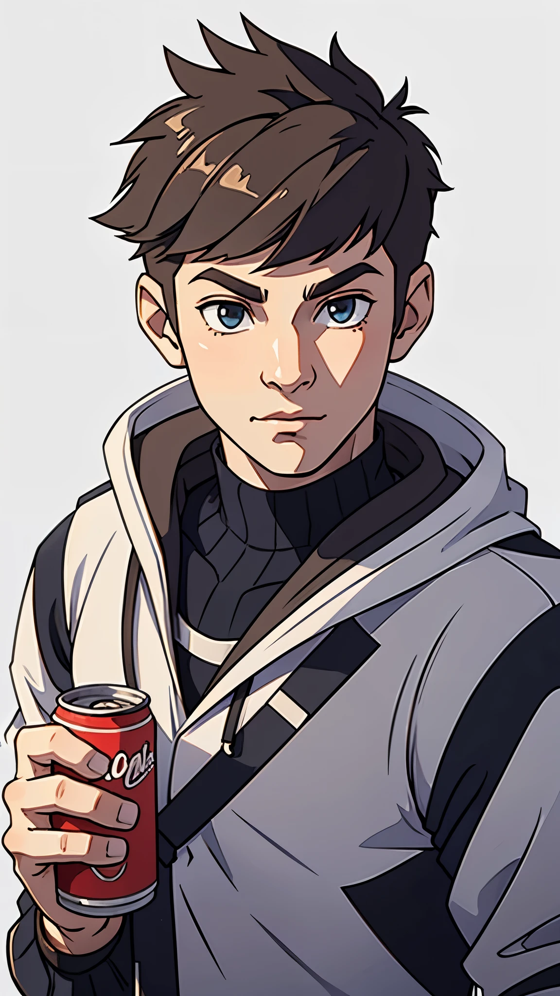 young canadian man holding a soda can. half-body shot, white background. young man solo, portrait shot, looking at camera