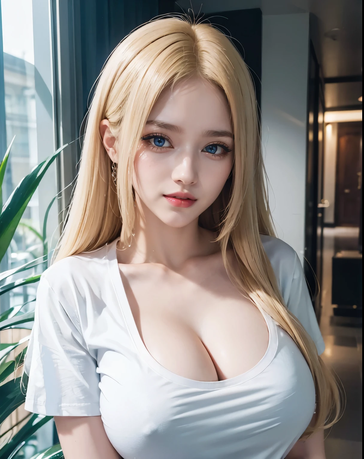 1girl, (Blue Eyes), (smiling), (beautiful makeup :1.2), shiny skin :1.2, Medium Close Up, MCU, (Sana Minatozaki), wide hips, big tits, big ass, (Best Quality, 8k, Masterpiece: 1.3), Clear Focus: 1.2, Perfect Body Beauty: 1.4, Highly detailed face and skin texture, detailed eyes, double eyelids, red lips, (blond long hair :1.2), (cleavage white long t-shirt :1.3), standing, sexy pose, in the hallways of a hotel