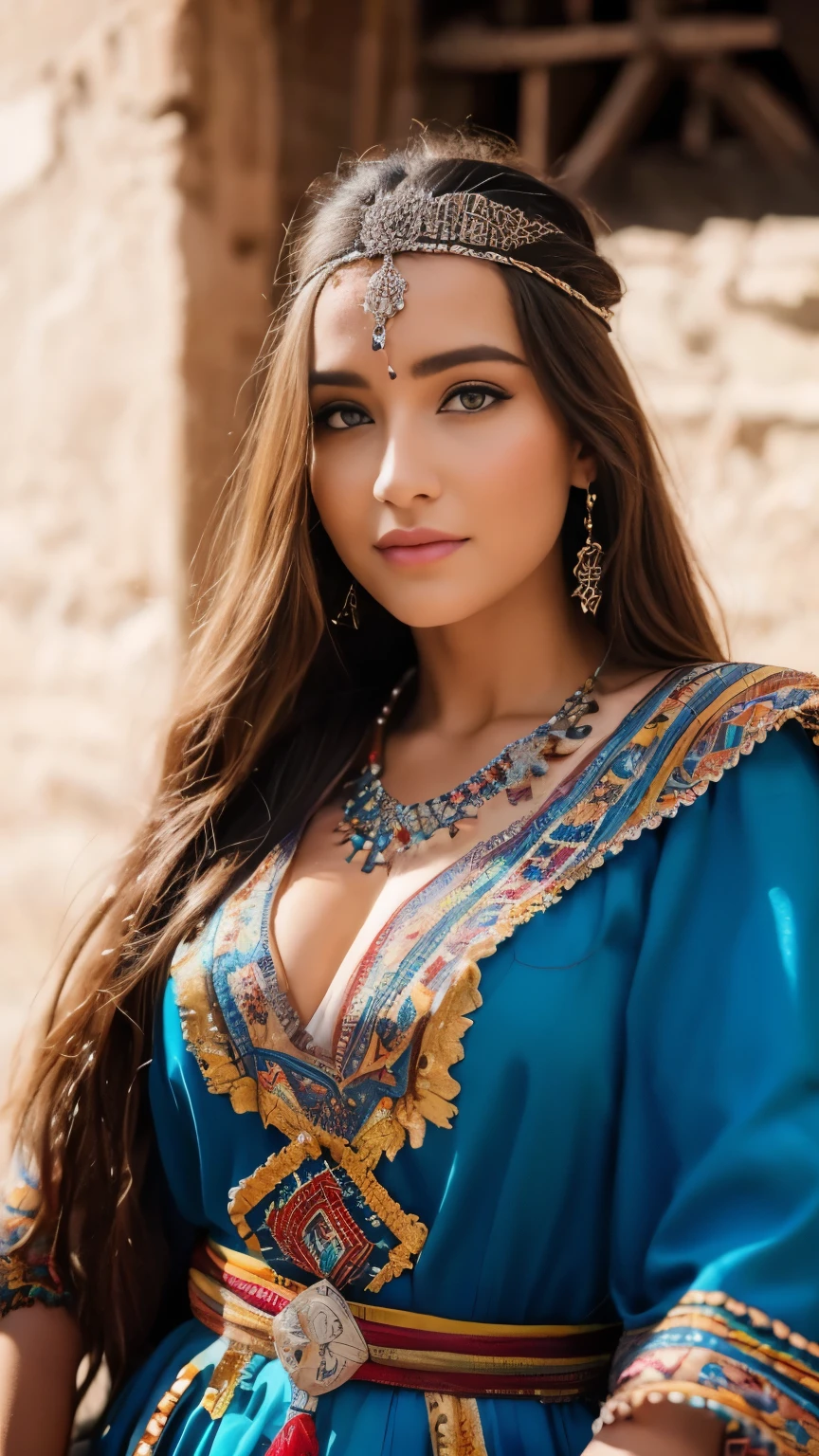 belle dame blonde amazighe, porter une robe kabyle, berbère, robe kabyle, realistic, joli, Tizi Ouzou, toabyle, femmekabyle, ouadhyas,robe kabyle, visage parfait, Créez une illustration numérique mettant en scène une femme kabyle portant fièrement ses vêtements traditionnels. Highlight the refined details of her dress, les motifs colorés et les ornements distinctifs de sa culture. Capturez l'expression gracieuse de son visage et la force tranquille de son regard, reflétant ainsi la beauté et la dignité de l'héritage kabyle.