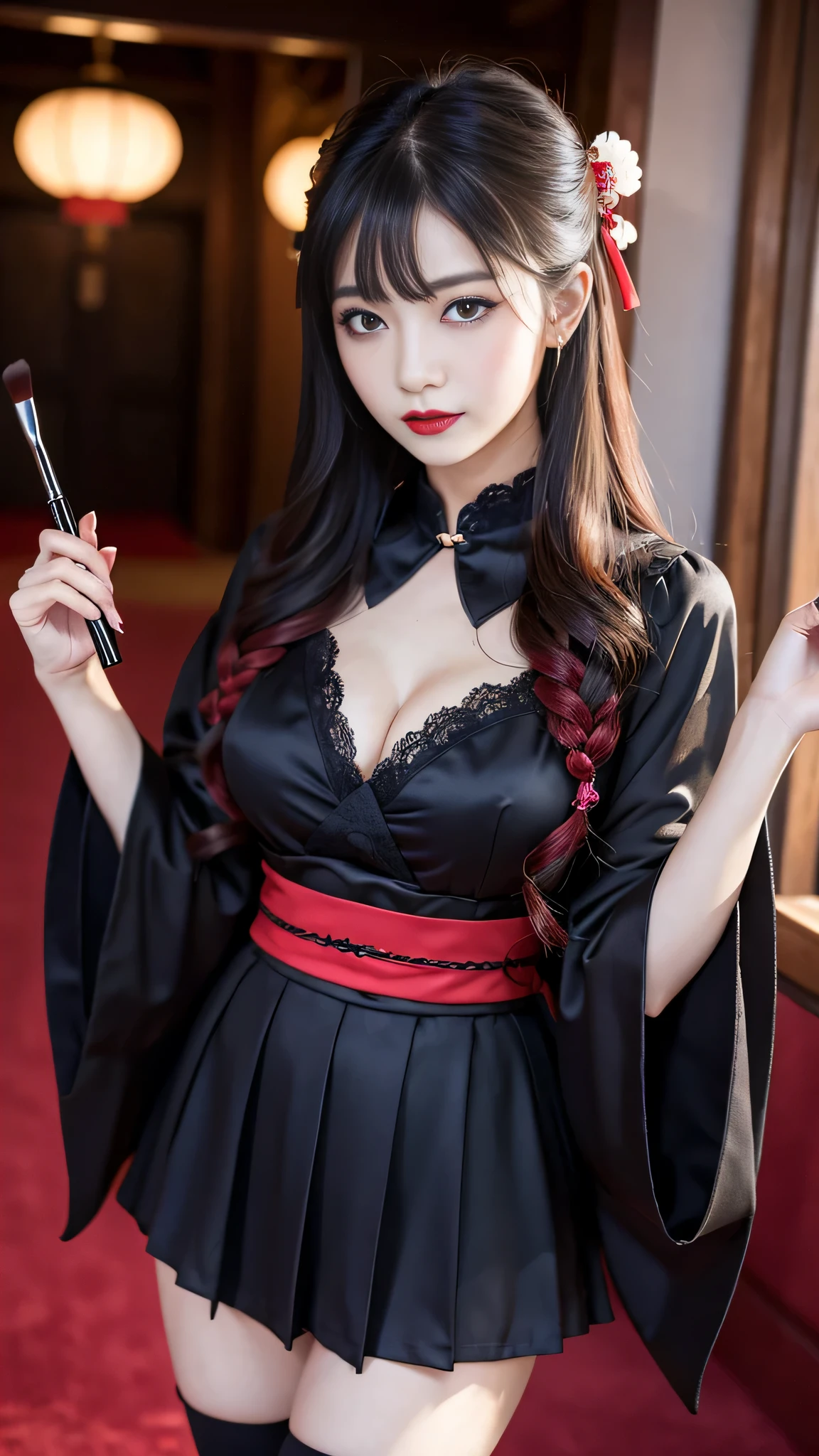 detailed、Japanese、charming beauty、seductive  woman、Beautiful woman、sharp eyes、cool girl、wavy hair、shrine maiden costume、wide sleeve、black skirt、evilの幹部、evil depravity、brainwashing、Mind control、apply lipstick、grin、evilな表情、evil、empty eyes、evil、temple of darkness、Contrasting、vampire、vampire、Hypnosia makeup brush
