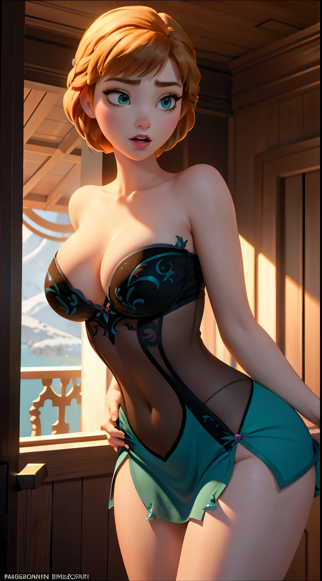 Anna of Arendelle, Anna from Disney Frozen movie, tall and sexy, superb face, perfect body, provocative lingerie, Nice, show breasts, huge breasts, tall, sexy legs, bursting huge breasts, wide hips, busty, sexy, enormous breasts, happy.