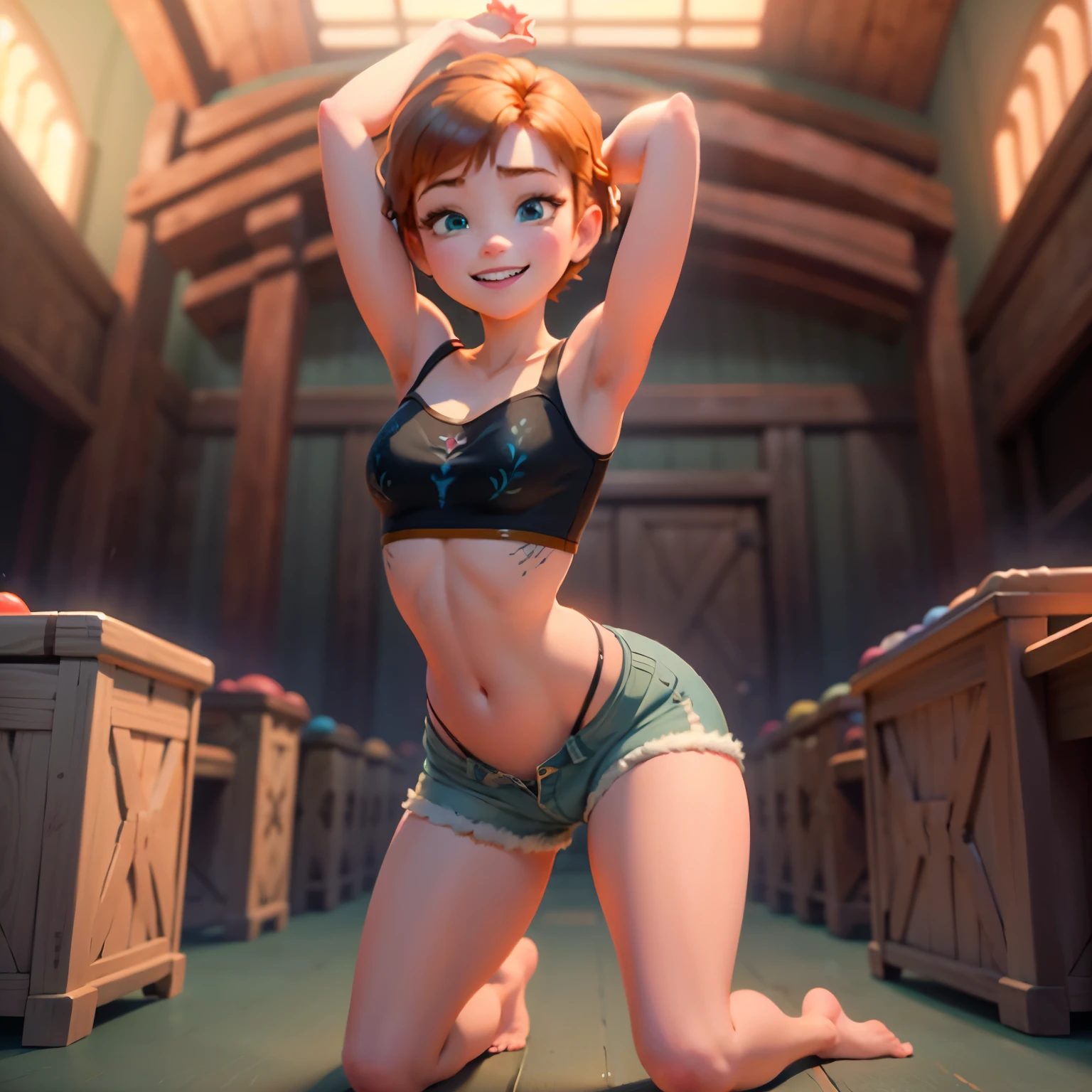 masterpiece, romance, sexy, head to toe:1.2, boudoir, ( Anna of Arendelle), hair loose, barefoot, very happy,  Wearing black sexy micro thong and bra_black, posing casually, flirting1.6, looking at viewer 