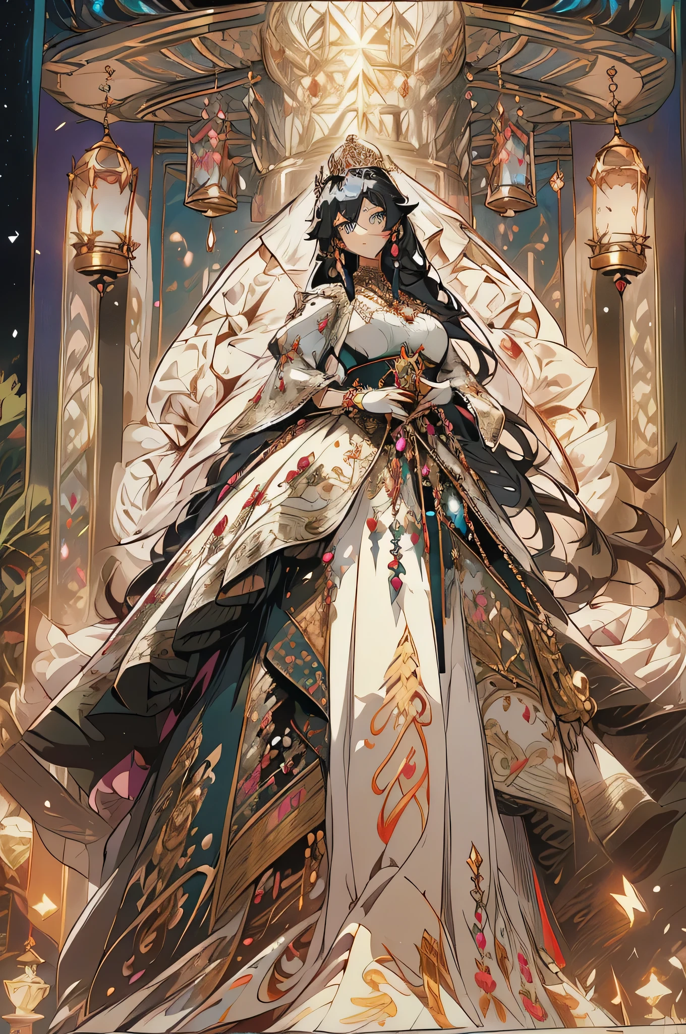 ((anime artstyle)),(Masterpiece),(Best Quality), (Super Detail),((Very Delicate and Beautiful)),((Solo)),((full body)),((one arrogant queen in glitter jeweled black and gold gorgeousfull rococo ball gown with voluminous fluffy skirt)),((BlingBling)),((arrogant)),((arrogant and naughty smile)),(Purple eyes),Sharp eyes,detailed face and eyes,jewel-like eyes,((Very Long voluminous black Hair)),Straight Hair,((Bangs between eyes)),((gorgeousfull embroidery and lace)),gorgeous corsage,See-through,gorgeousfull hair ornament,gorgeousfull glitter jeweled tiara,ornate ruffles,((gigantic breasts,Long breasts)),skindentation,((full body)),((hoop skirt,crinoline)),gorgeousfull jewelry ornaments,Dynamic Angle,Looking at viewer,(((gorgeous embroidery and glitter jeweled black and gold gorgeousfull rococo ball gown with voluminous fluffy skirt))),(full body)
