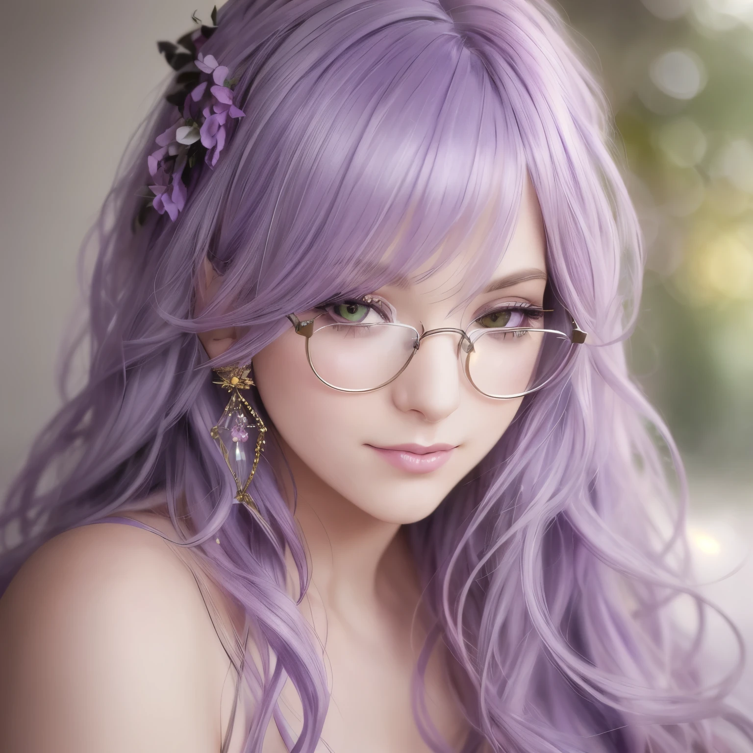 light purple hair, Gorgeous beautiful detailed and realistic portraits (woman) , Multicolored seductive eyes, dark fluffy dress, soft natural light, portrait photography, magical photoshoot, dramatic lighting, photorealism, super detailed, intimate portrait composition, background flowers, leica 50mm, f1. 4, Greg Rutkowski Written by Alphonse Mucha Ropp, dress, Glasses