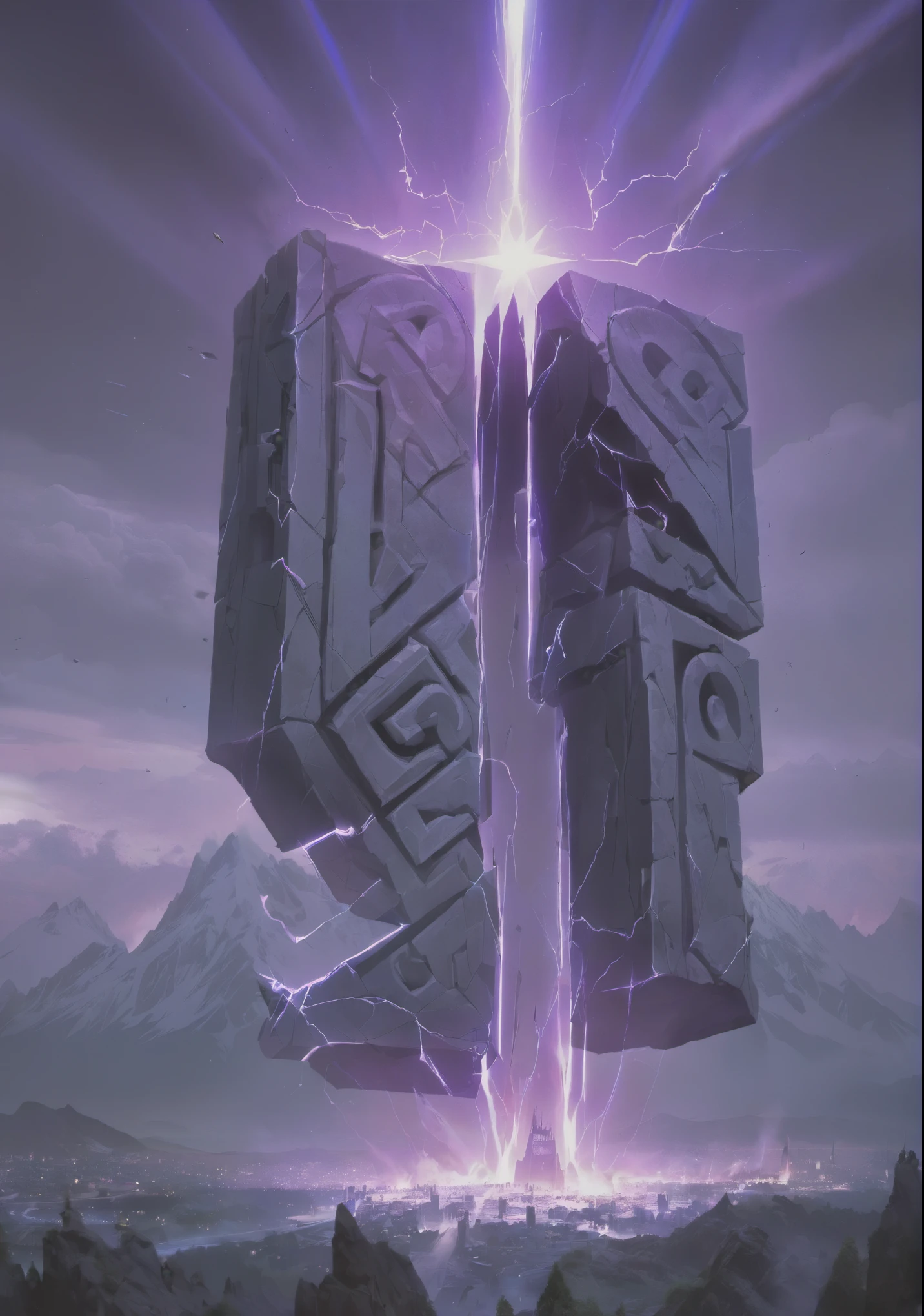 Breathtaking graphics, large scale, perspective from the ground, shooting epic footage a huge magic rune hovered over the city, Breathtaking landscapes, and impressive lighting effects, that create impressive visual experiences, mountain destruction
