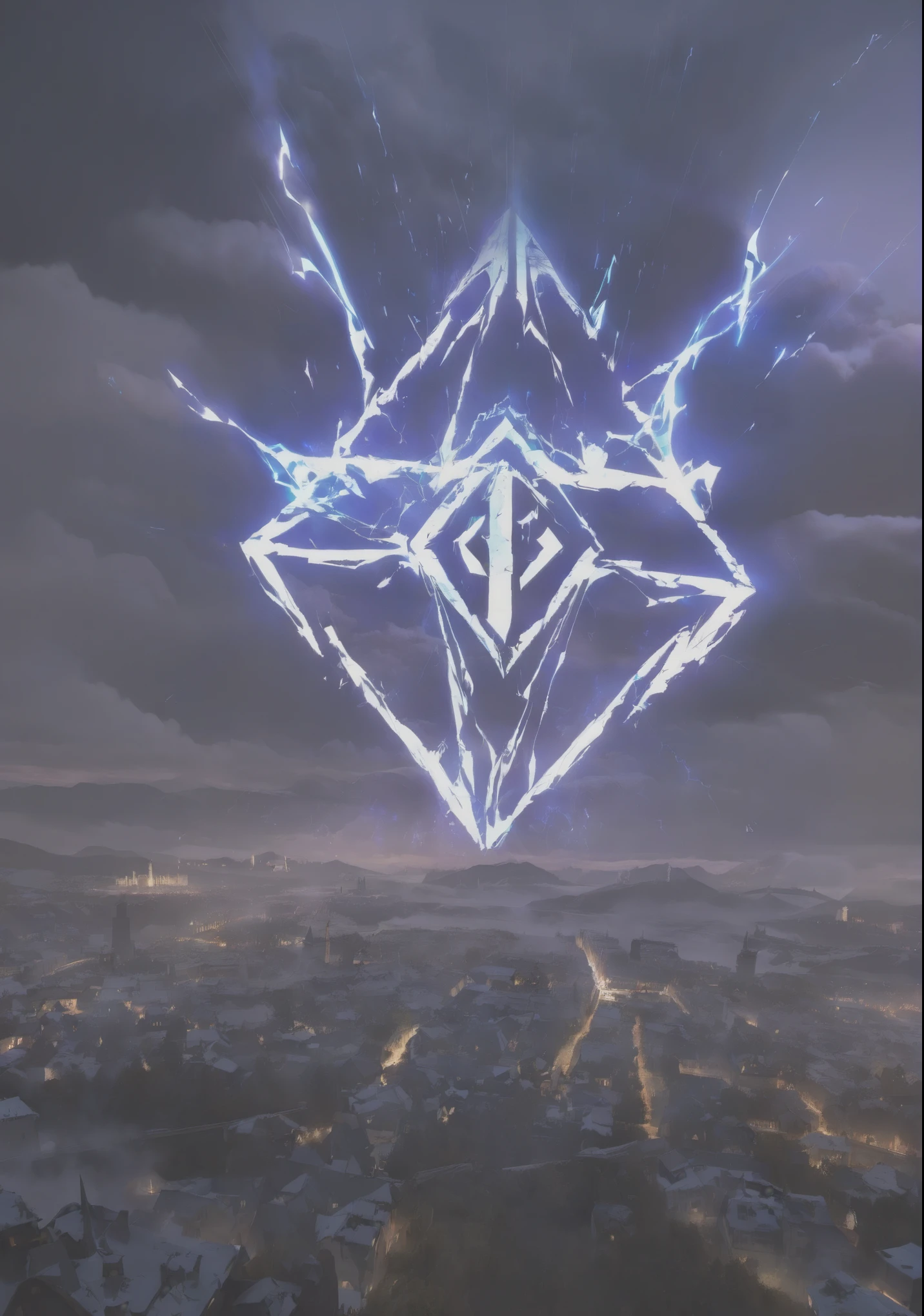 Breathtaking graphics, large scale, perspective from the ground, shooting epic footage a huge magic rune hovered over the city, Breathtaking landscapes, and impressive lighting effects, that create impressive visual experiences, mountain destruction