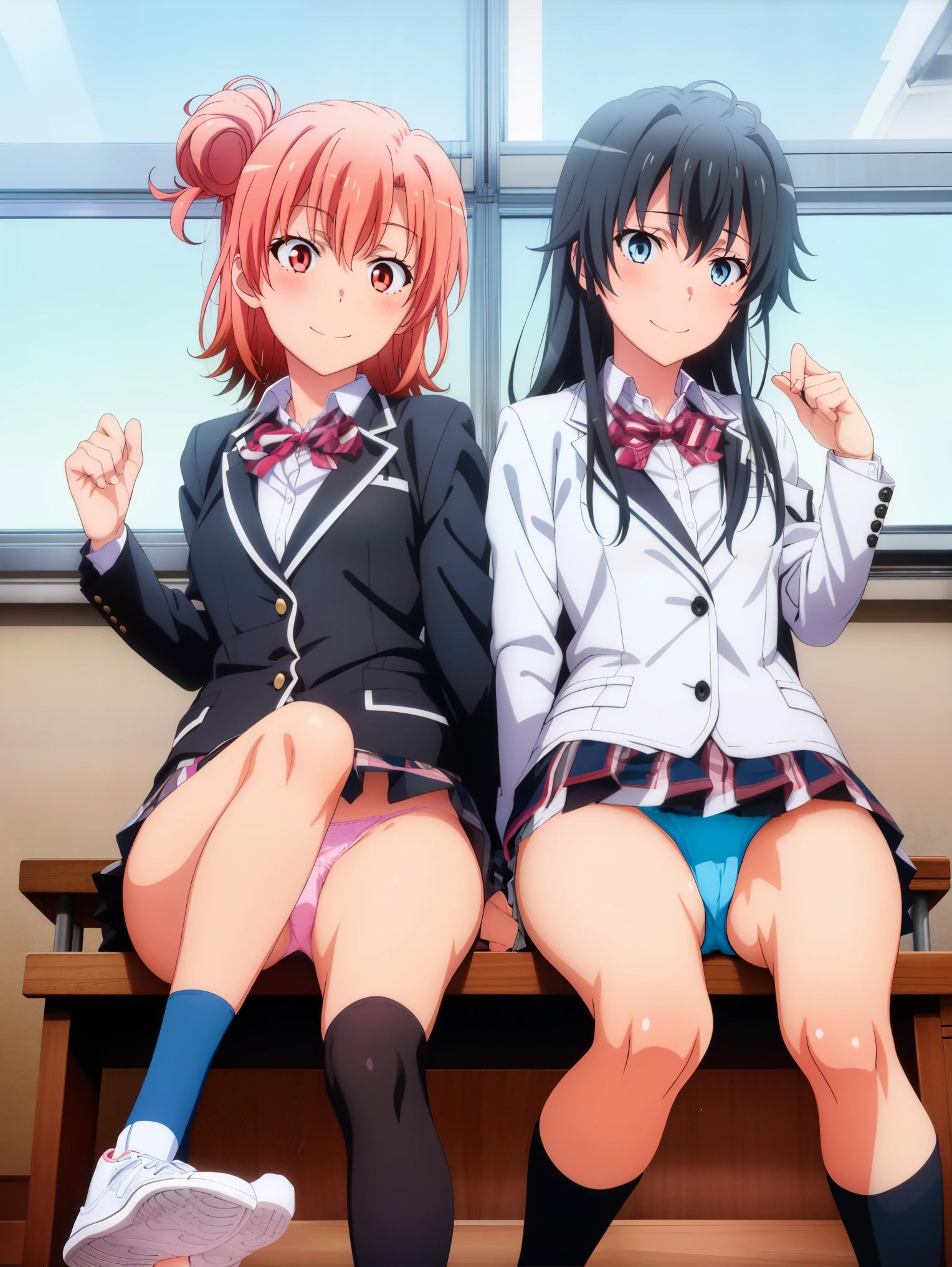 2 girls , classroom,floor,Yukinoshita Yukino , (full breats Yuigahama Yui ), physical education sitting ,wear sneakers, (Sole of foot 1.0),blazer,shirt,check skirt,(Pussy cameltoe in panties:1.0),(pink panties:1.0),(blue panties),