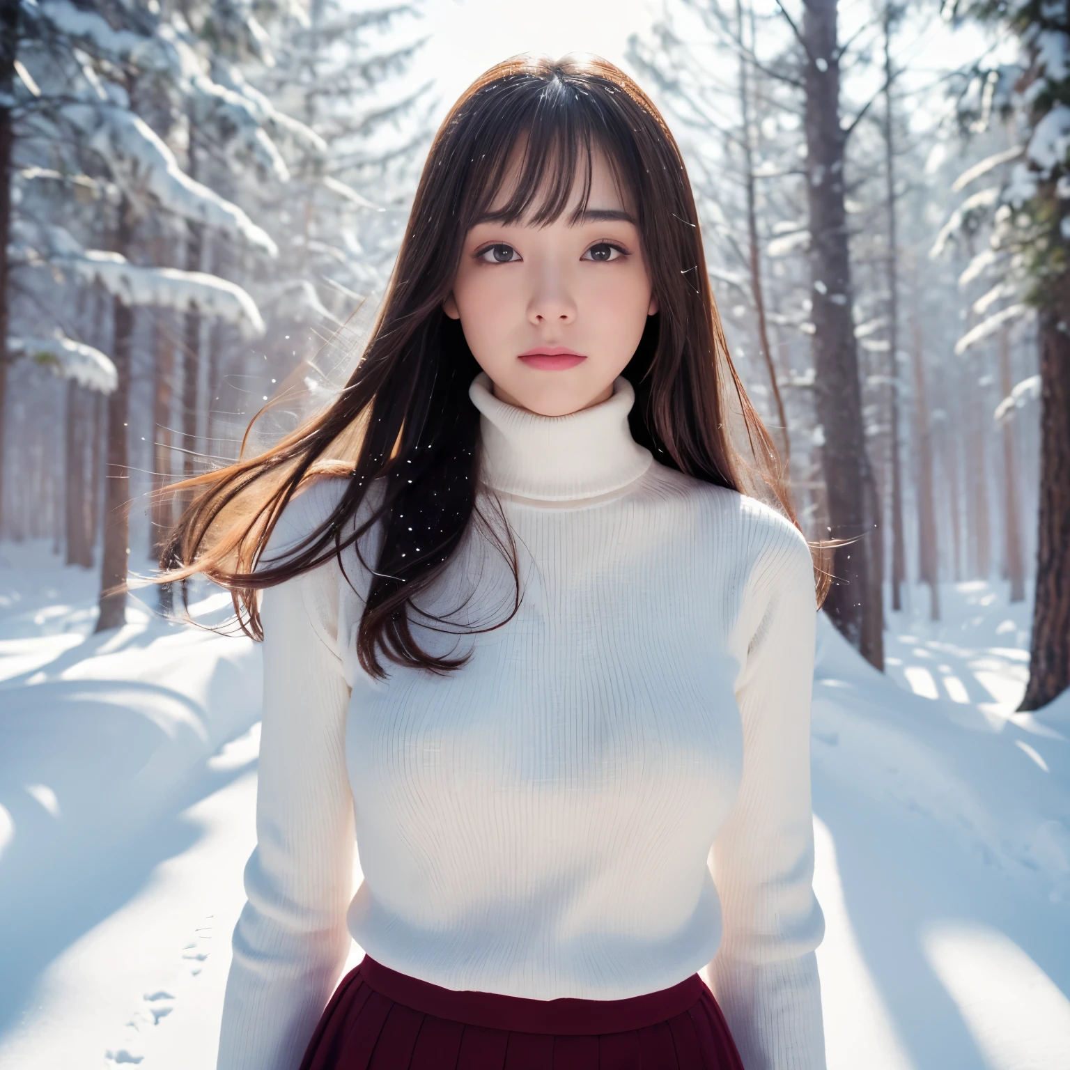 (table top、highest quality、8k、Award-winning work、ultra high resolution)、one beautiful woman、(Perfect burgundy turtleneck long sleeve knit sweater dress:1.2)、(white panties:1.2)、(Skirt flip:1.2)、long hair、( In the forest deep in the mountains of Northern Europe:1.1)、snow forest、mysterious forest snow scene、(blurred background:1.1)、(very bright and vivid:1.1)、(Very bright and shiny beautiful skin:1.2)、(thick legs:1.1)、(glamorous body:1.1)、(very big breasts:1.1)、(emphasize body line:1.1)、winter、(a sad expression looking at me:1.2)、A vivid and magical sunset、romantic sunset glow、shining snow、beautiful sunlight filtering through the foliage、epic movie lighting、The sparkle of fine diamond dust、Exactly、(accurate anatomy:1.2)、ultra high definition hair、ultra high resolutionの完璧な美しい歯、Ultra high definition beauty face、ultra high definition hair、Super high-definition sparkling eyes、輝くultra high resolutionの美肌、ultra high resolutionの艶やかな唇、epic movie lighting、the most romantic、the moodiest、romantic love feeling