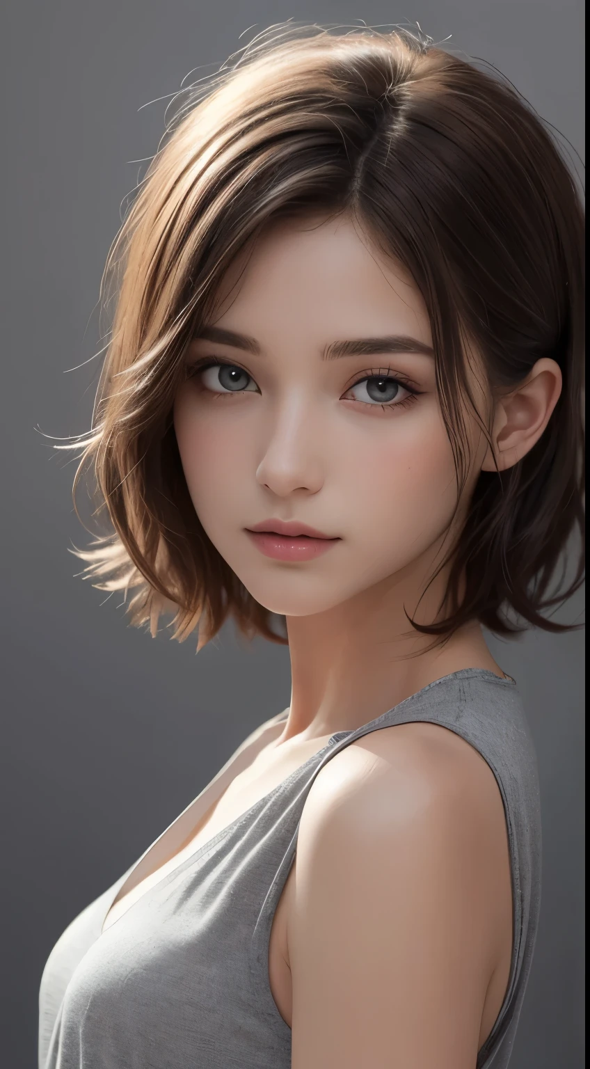 (photograph:1.2)、(photorealistic:1.3)、(masterpiece:1.3)、(Highest image quality:1.4)、ultra high resolution、(detailed eyes)、(detailed facial features)、(Detailed garment features)、8K resolution、solo focus、26 year old mature woman、small face、no makeup、Detailed leal beautiful eyes、bangs、dark brown hair、braided  hair、(realistic skin)、beautiful skin、charming、ultra high resolution、Super realistic、High definition、Camisa branca aberta,middlebre、small breasts、bust B cup、small breasts、cool beauty、Gray background、cinematic lighting、perfect、soft light、High resolution skin:1.2、realistic skin texture、26 years old mature woman、small face、no makeup、Bust B Cup、Detailed beautiful brown eyes、short hair、dark brown hair、Cool beauty、gray background