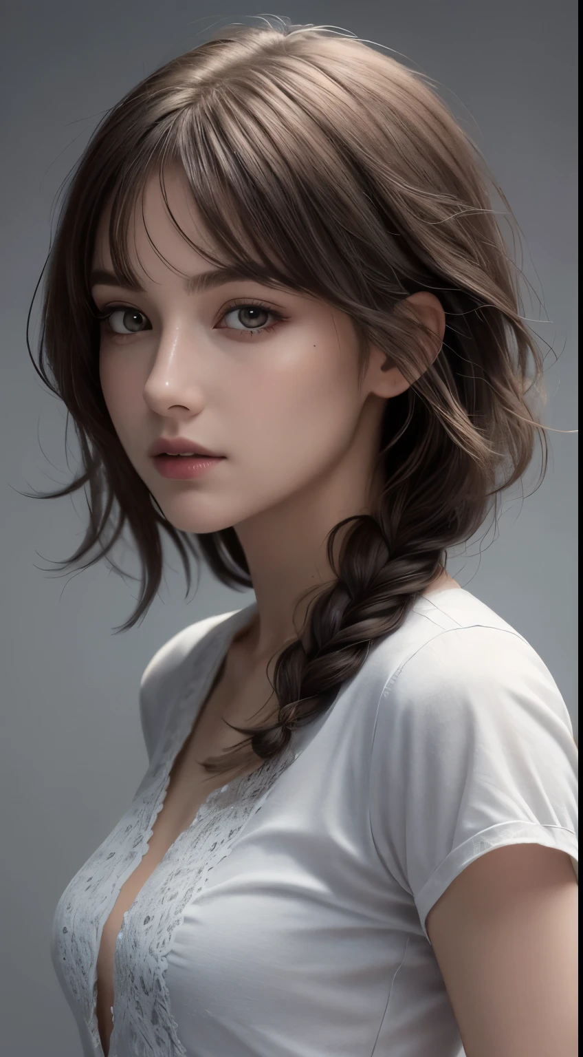(photograph:1.2)、(photorealistic:1.3)、(masterpiece:1.3)、(Highest image quality:1.4)、ultra high resolution、(detailed eyes)、(detailed facial features)、(Detailed garment features)、8K resolution、solo focus、26 year old mature woman、small face、no makeup、Detailed leal beautiful eyes、bangs、dark brown hair、braided hair、(realistic skin)、beautiful skin、charming、ultra high resolution、Super realistic、High definition、Camisa branca aberta,middlebre、small breasts、bust B cup、small breasts、cool beauty、Gray background、cinematic lighting、perfect、soft light、High resolution skin:1.2、realistic skin texture、26 years old mature woman、small face、no makeup、Bust B Cup、Detailed beautiful brown eyes、short hair、dark brown hair、Cool beauty、gray background