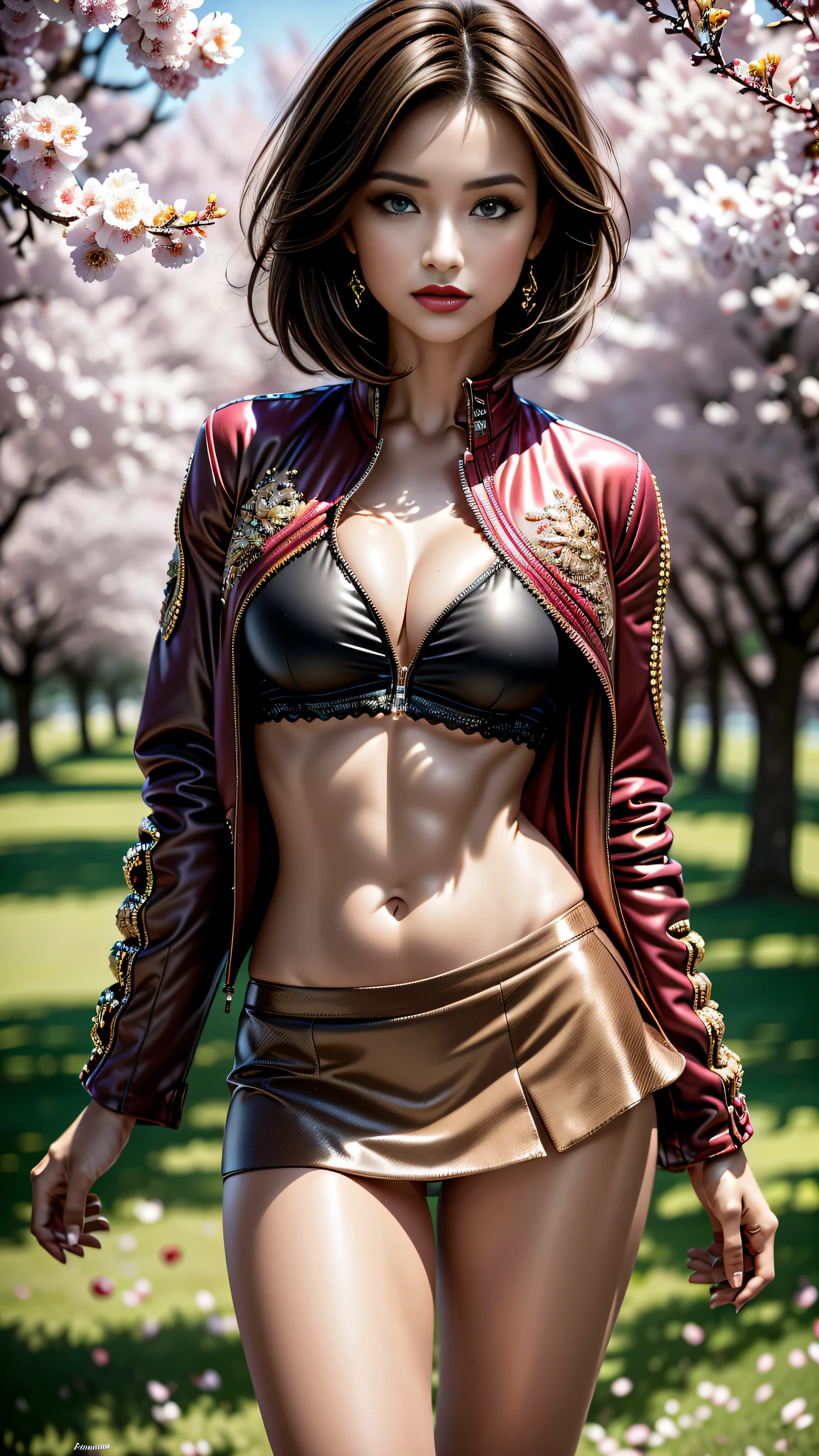 Divide Ratio : 1,1,1 Base Ratio: beauty (mixed girls) in (highly detailed 32k absurd art of a ((girl 18-year-old)) ),fashion supermodel,(best high quality real texture skin:1.3),((ebony skin female:1.2)),(best quality texture hair:1.4),((blond ((side swept short hair)) extremely detailed:1.2)),((outside,an orchard of blooming cherry trees:1.3)),(best high quality:1.4),(photo realistic:1. 5),(Hyperrealism:1.5),(sharp focus),(highest resolution),soft neon lighting on the face and body,(perfect proportions),(anatomically correct),(perfect female body:1.4),(Super beautiful body),(firm normal full breasts:1.3),(narrow waist:1.3),small ass,slim face,beautiful cheekbones,slim belly: 1.3,((slim,swell-muscled body:1.4)),(Super beautiful face),(realistic face),(highly detailed face:1.5),black_eyeshadow,(ultra detailed eyes), finely detailed face,finely quality eyes,(tired and sleepy and satisfied:0.0),realistic eyes,perfect round eyes,finely detailed pupils,((brown_eyes:1.4)),BREAK,detailed lips:1.3,(red_lipstick:1.18),BREAK,(Detailed nose:1.2),((super extravagant cut jacket wear:1.51)),small head:1.4,BREAK,makeup:1.22,dynamic pose,BREAK,((silked skirt,(tiny skirt:1.3),no_panties,curvy),(short skirt wrapped at the hips),/(random u%u top:1.13),/exquisite balance of shadows,perfect composition,((shot above the knee:1.3)),(((look at the viewer))),(from below:1.2),((show high exposed thighs:1.3)),Hasselblad, 85mm f/4.0